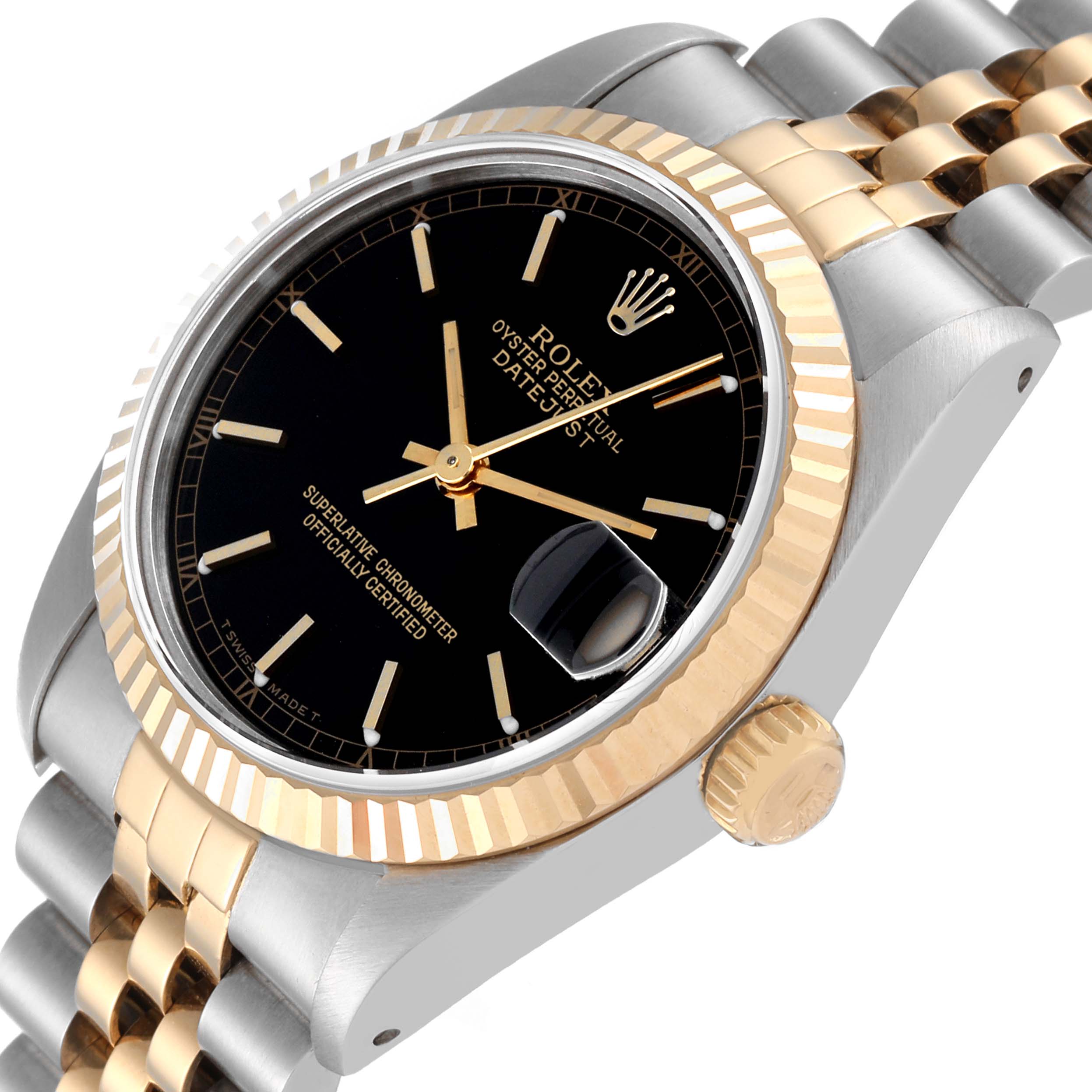 The image shows a close-up angled view of the Rolex Mid-Size 68273 Women's Steel and Gold (two tone) Black Dial 68273 Women's Steel and Gold (two tone) Black Dial watch, highlighting its bezel, dial, crown, and two-tone bracelet.