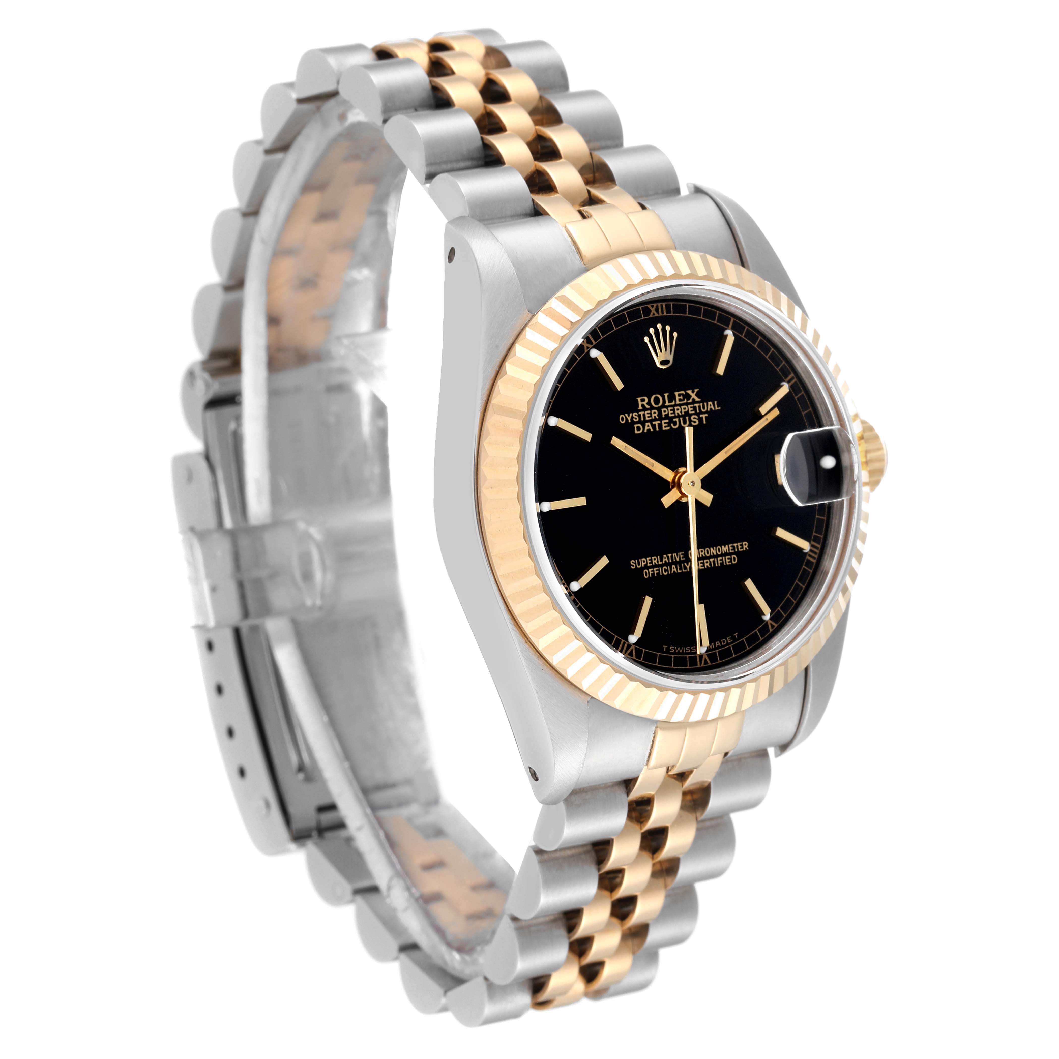 This image shows a Rolex Mid-Size 68273 Women's Steel and Gold (two tone) Black Dial 68273 Women's Steel and Gold (two tone) Black Dial Datejust watch at a three-quarter angle, highlighting the dial, bezel, and bracelet.