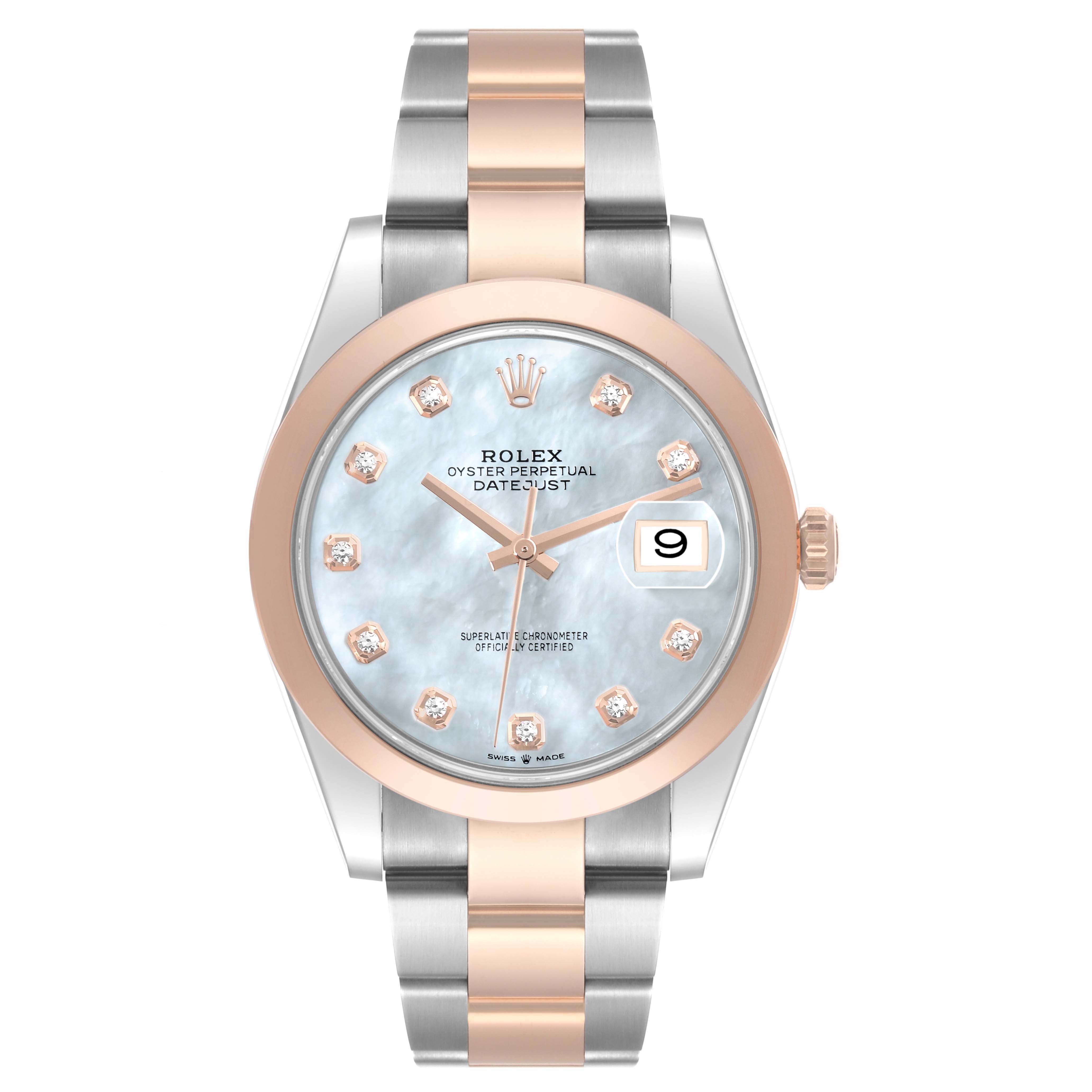 The image shows a frontal view of a Rolex Datejust 41 126301 Men's Steel and Gold (two tone) Mother of Pearl Dial 126301 Men's Steel and Gold (two tone) Mother of Pearl Dial watch, featuring a two-tone bracelet and a date display at 3 o'clock.