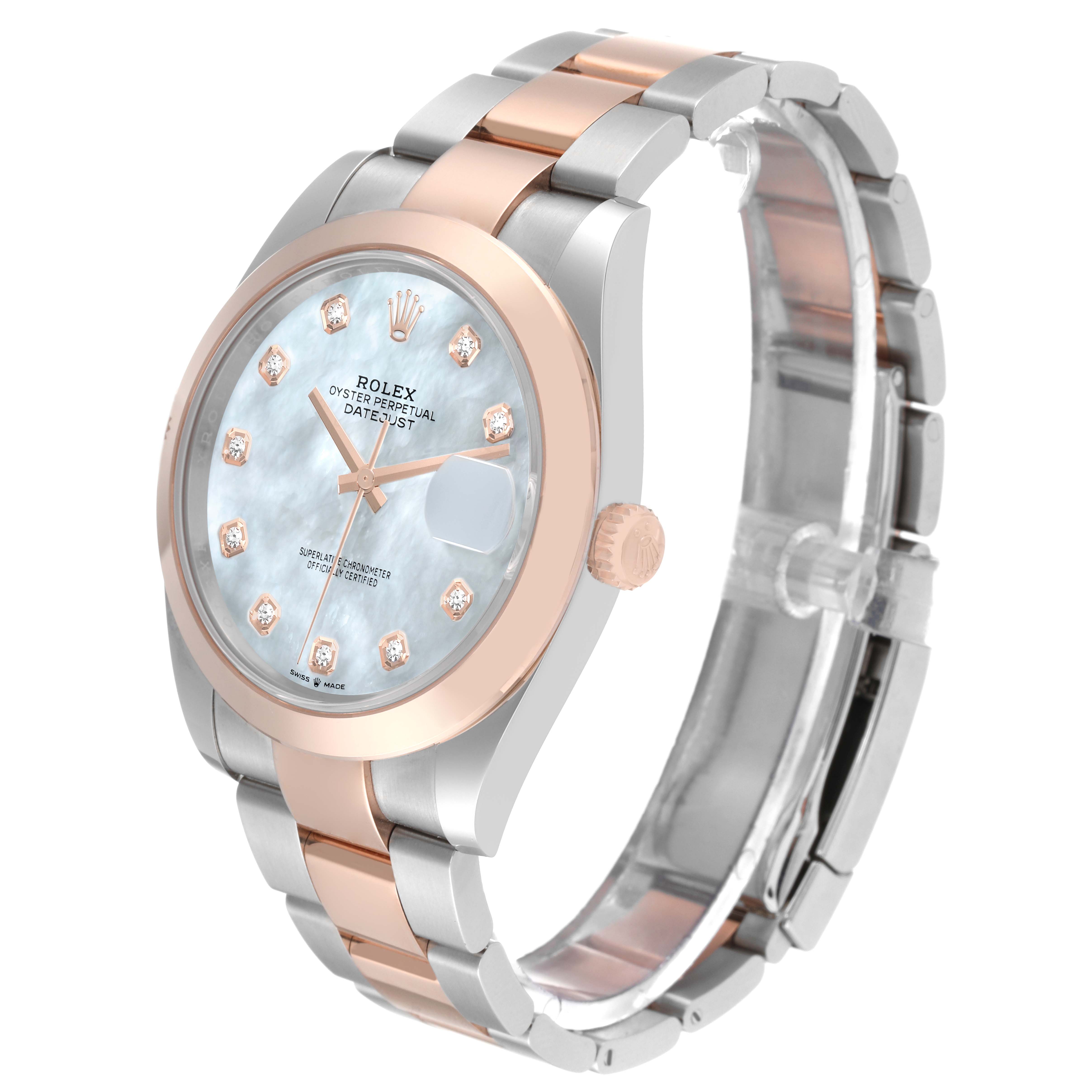 The Rolex Datejust 41 126301 Men's Steel and Gold (two tone) Mother of Pearl Dial 126301 Men's Steel and Gold (two tone) Mother of Pearl Dial watch is shown at an angled side view, displaying its dial, bezel, and bracelet.