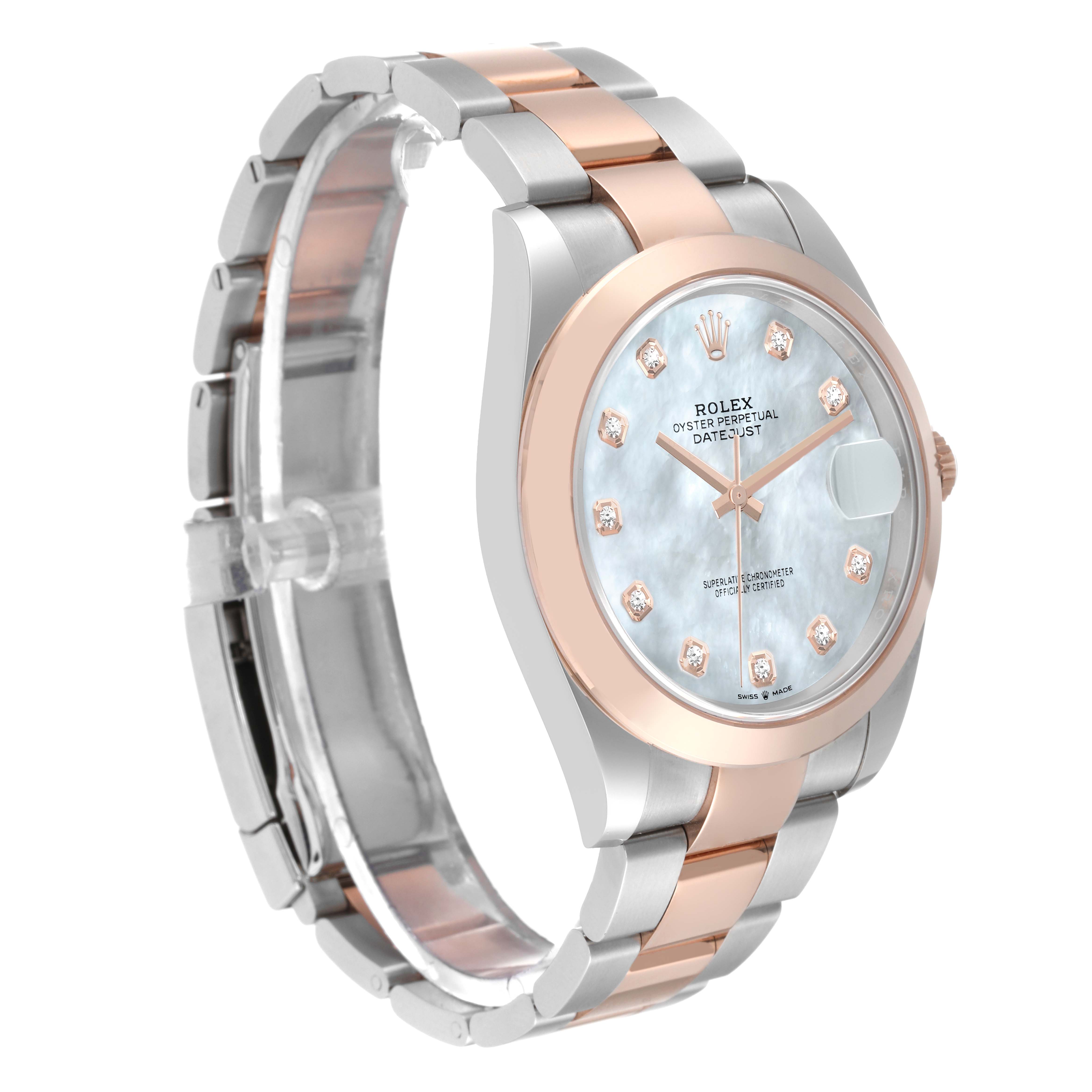 The Rolex Datejust 41 126301 Men's Steel and Gold (two tone) Mother of Pearl Dial 126301 Men's Steel and Gold (two tone) Mother of Pearl Dial watch is shown at a three-quarter angle, displaying the dial, case, and part of the bracelet.