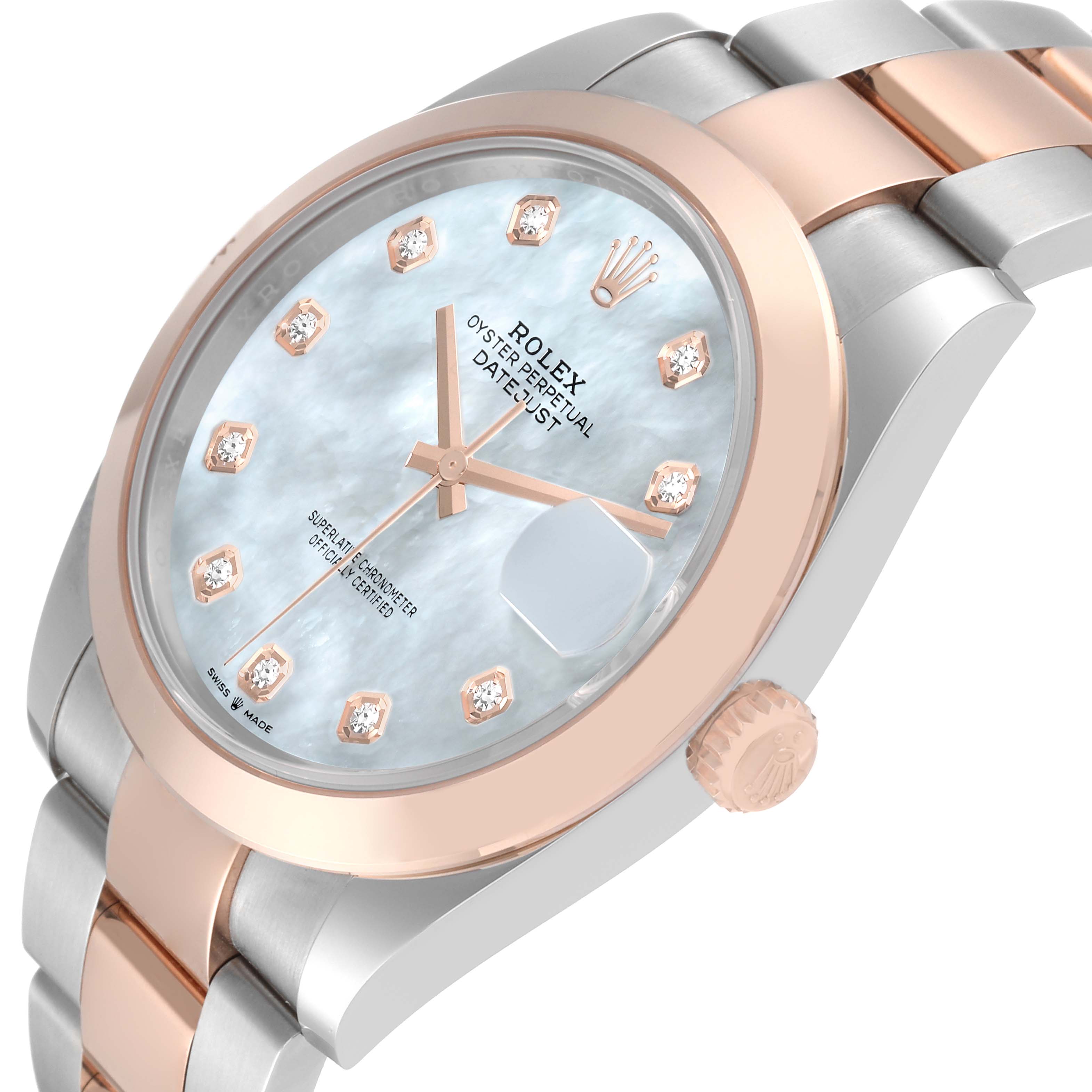 The image shows a close-up, angled view of the dial, bezel, and bracelet of a Rolex Datejust 41 126301 Men's Steel and Gold (two tone) Mother of Pearl Dial 126301 Men's Steel and Gold (two tone) Mother of Pearl Dial watch.