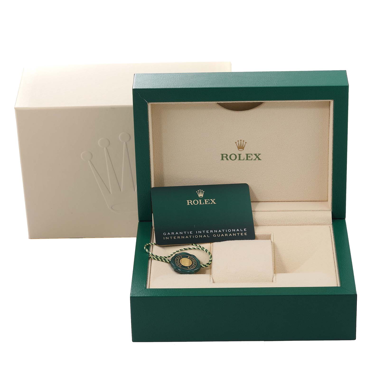 The image shows the open box of a Rolex Datejust 41 126301 Men's Steel and Gold (two tone) Mother of Pearl Dial 126301 Men's Steel and Gold (two tone) Mother of Pearl Dial, including the guarantee card and tag.