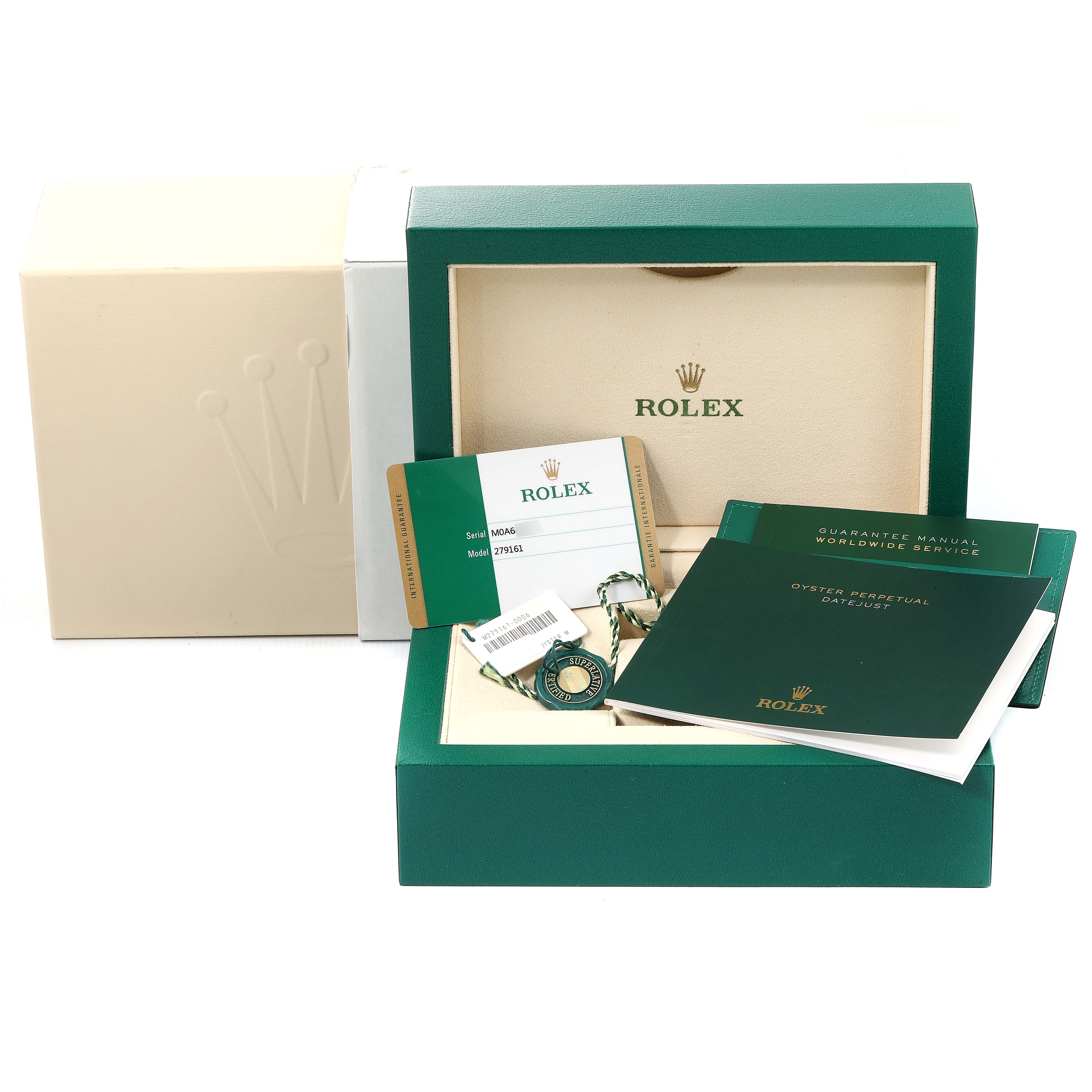 The image shows the packaging, warranty card, manuals, and tags for a Rolex Datejust 279161 Women
s Steel and Gold (two tone) Silver Dial 279161 Women
s Steel and Gold (two tone) Silver Dial watch.