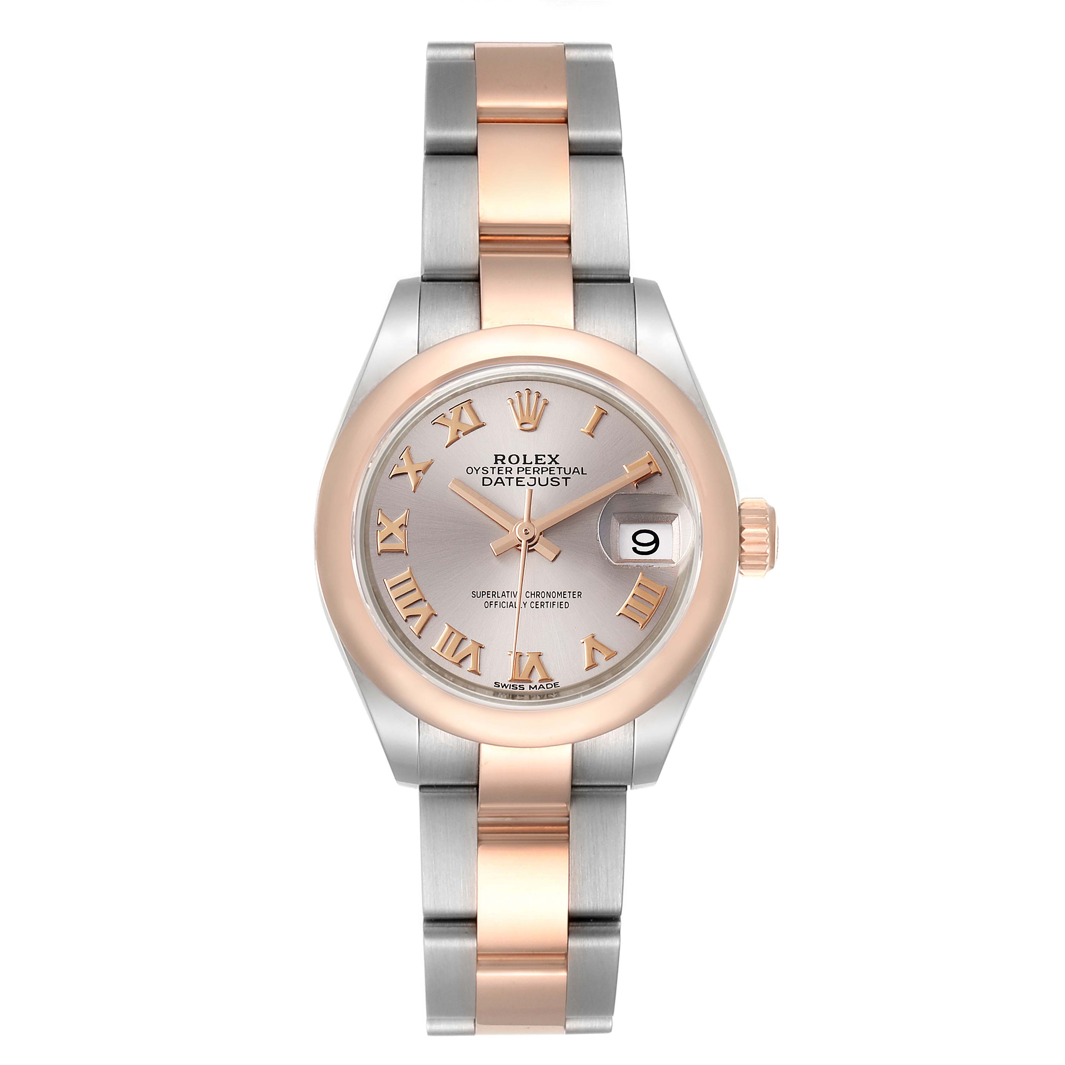 The image shows the face and band of a Rolex Datejust 279161 Women
s Steel and Gold (two tone) Silver Dial 279161 Women
s Steel and Gold (two tone) Silver Dial watch from a straight-on angle.
