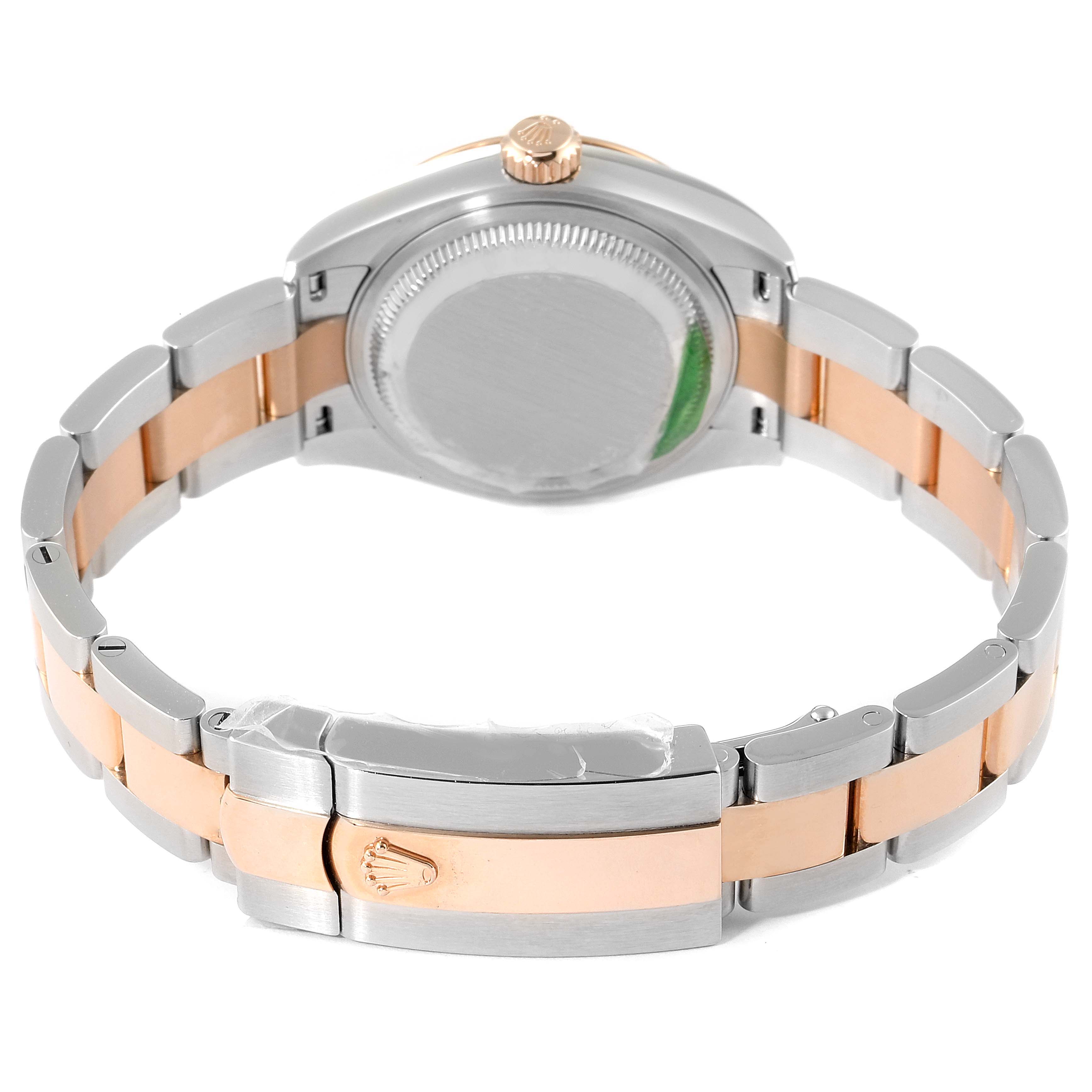 The image shows the back and bracelet of a Rolex Datejust 279161 Women
s Steel and Gold (two tone) Silver Dial 279161 Women
s Steel and Gold (two tone) Silver Dial watch, featuring a two-tone metal design and clasp.