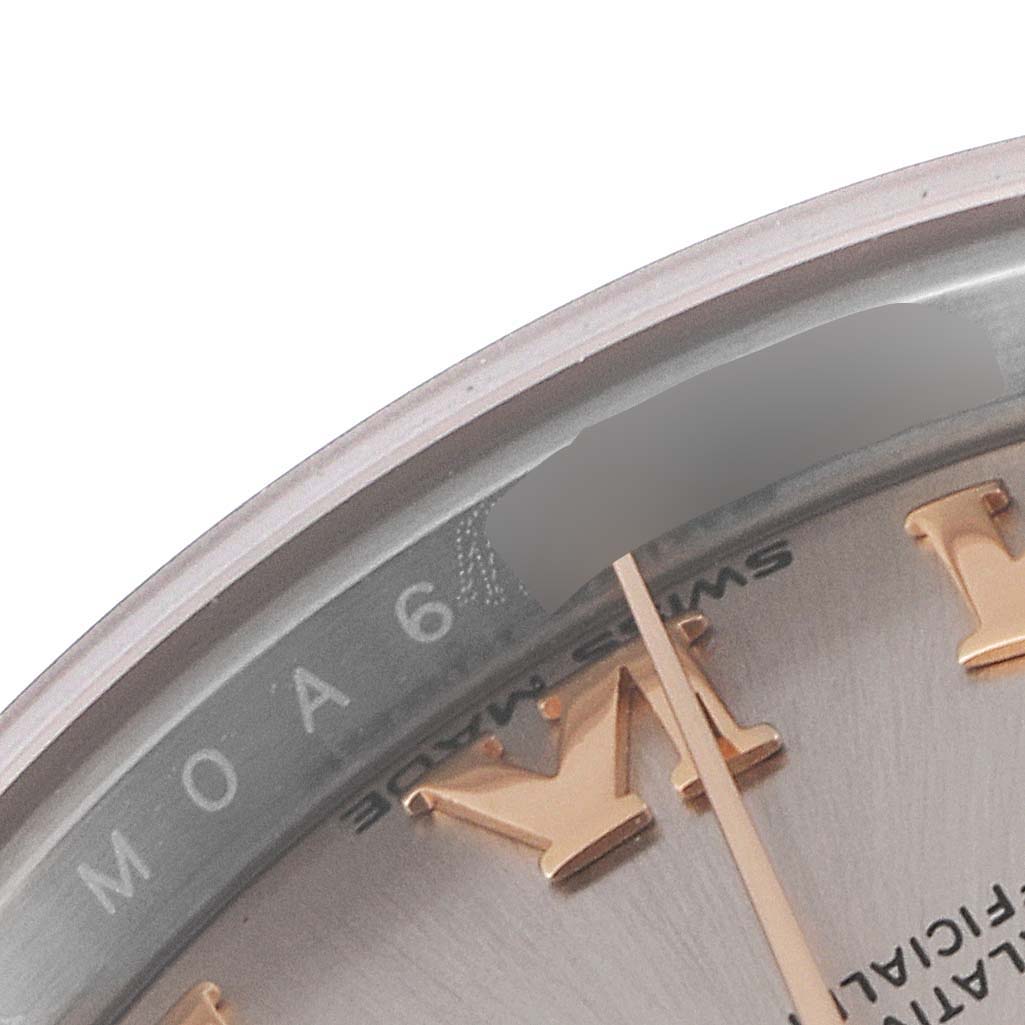 This close-up image shows the dial and a portion of the bezel of a Rolex Datejust 279161 Women
s Steel and Gold (two tone) Silver Dial 279161 Women
s Steel and Gold (two tone) Silver Dial watch, focusing on the hour markers.
