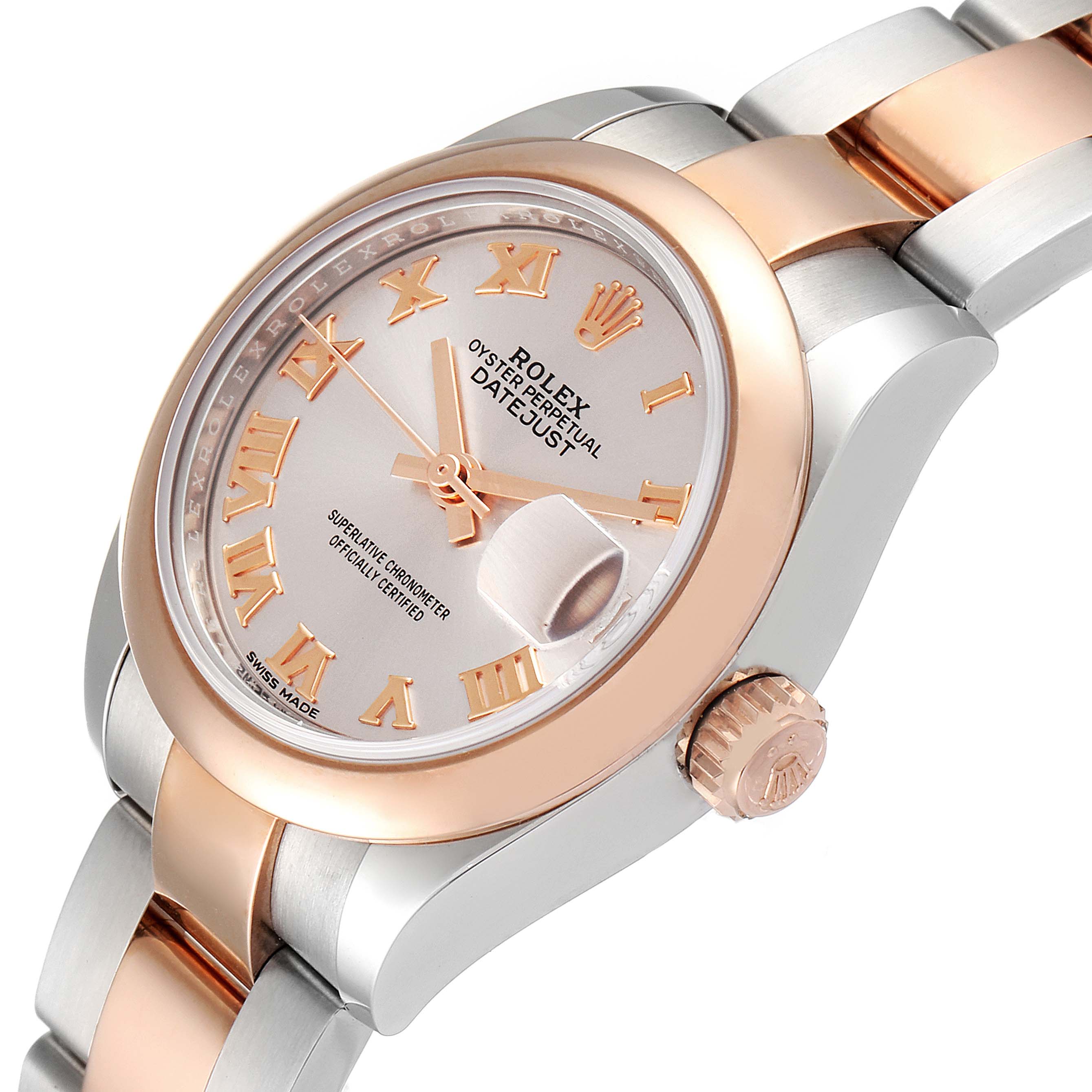 The Rolex Datejust 279161 Women
s Steel and Gold (two tone) Silver Dial 279161 Women
s Steel and Gold (two tone) Silver Dial watch is shown at a slight angle, highlighting its face, two-tone band, crown, and part of the bezel.