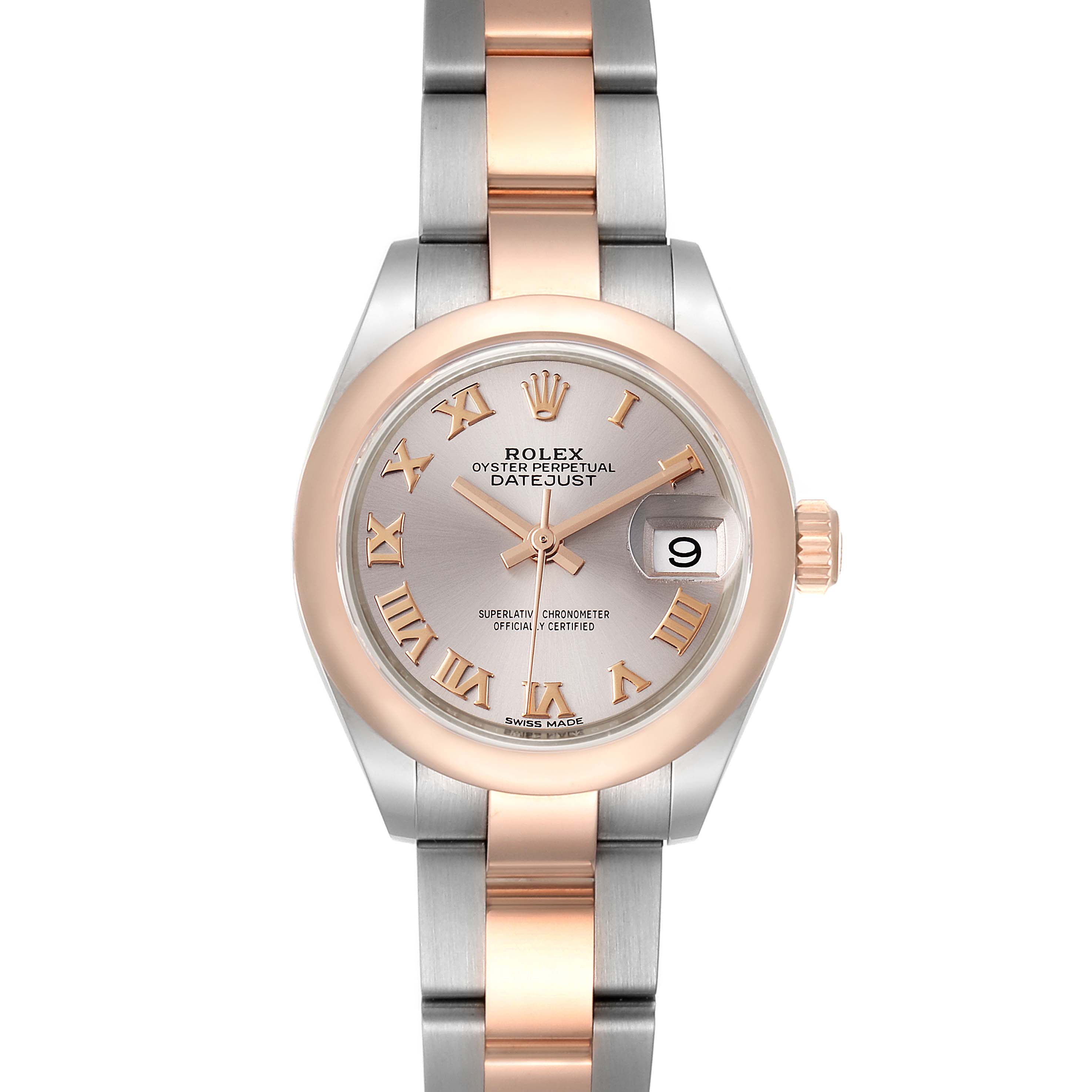 The image shows a front view of a Rolex Datejust 279161 Women
s Steel and Gold (two tone) Silver Dial 279161 Women
s Steel and Gold (two tone) Silver Dial watch, displaying its dial, hands, bezel, and bracelet.