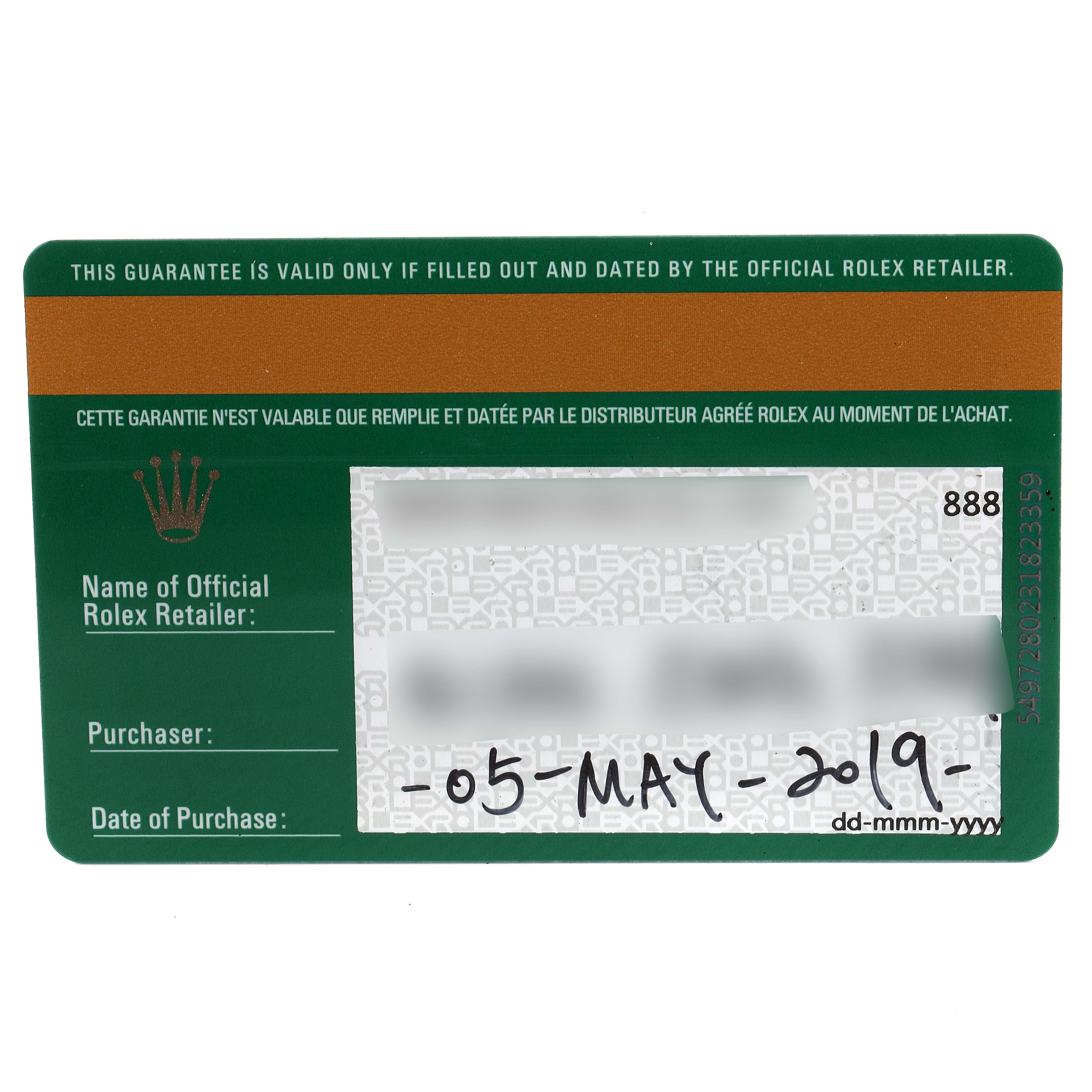 The image shows a warranty card for a Rolex Datejust 279161 Women
s Steel and Gold (two tone) Silver Dial 279161 Women
s Steel and Gold (two tone) Silver Dial watch, displaying the purchase date and retailer information.