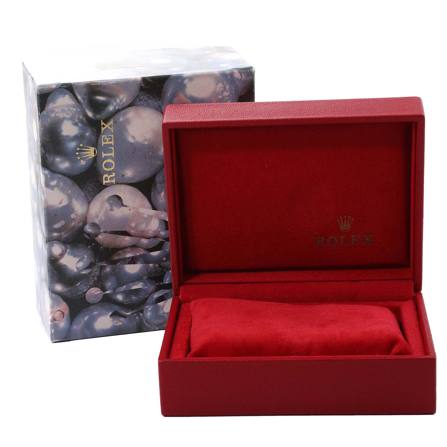 The image shows a Rolex Datejust 79174 Women's Stainless Steel Blue Dial 79174 Women's Stainless Steel Blue Dial watch box with a closed outer packaging and an open inner red velvet-lined box.