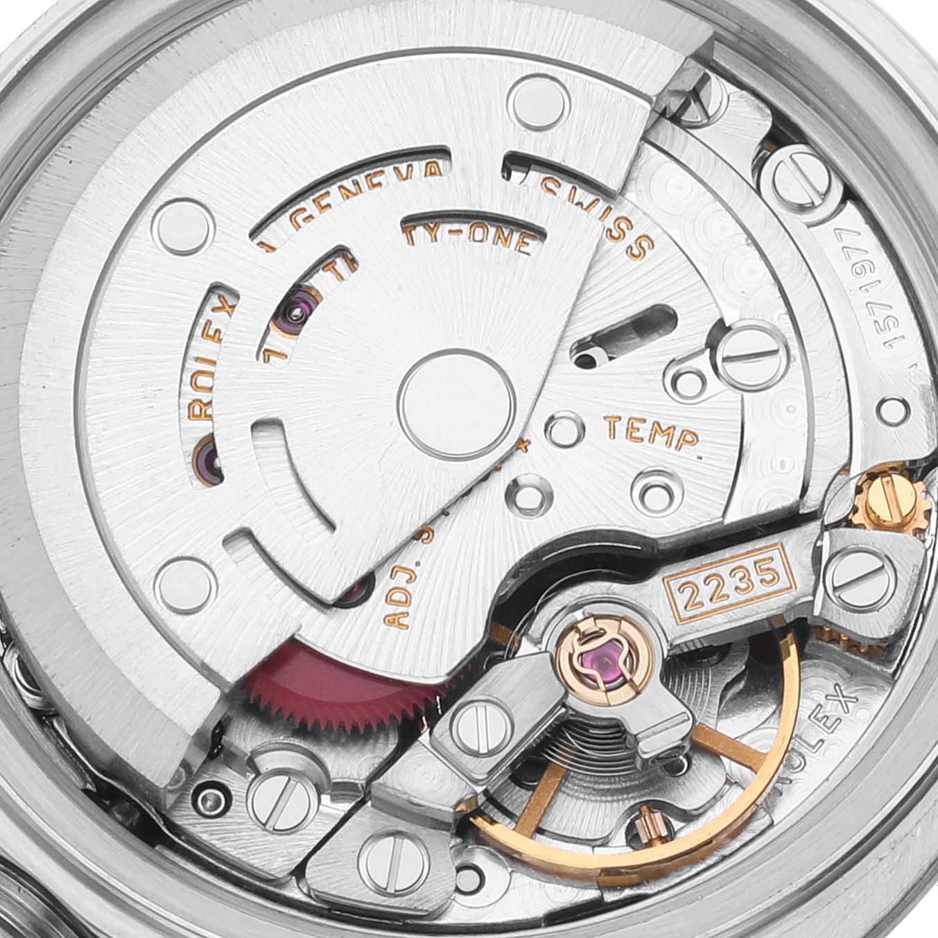 This image shows a close-up view of the movement of a Rolex Datejust 79174 Women's Stainless Steel Blue Dial 79174 Women's Stainless Steel Blue Dial watch, highlighting its intricate internal components.