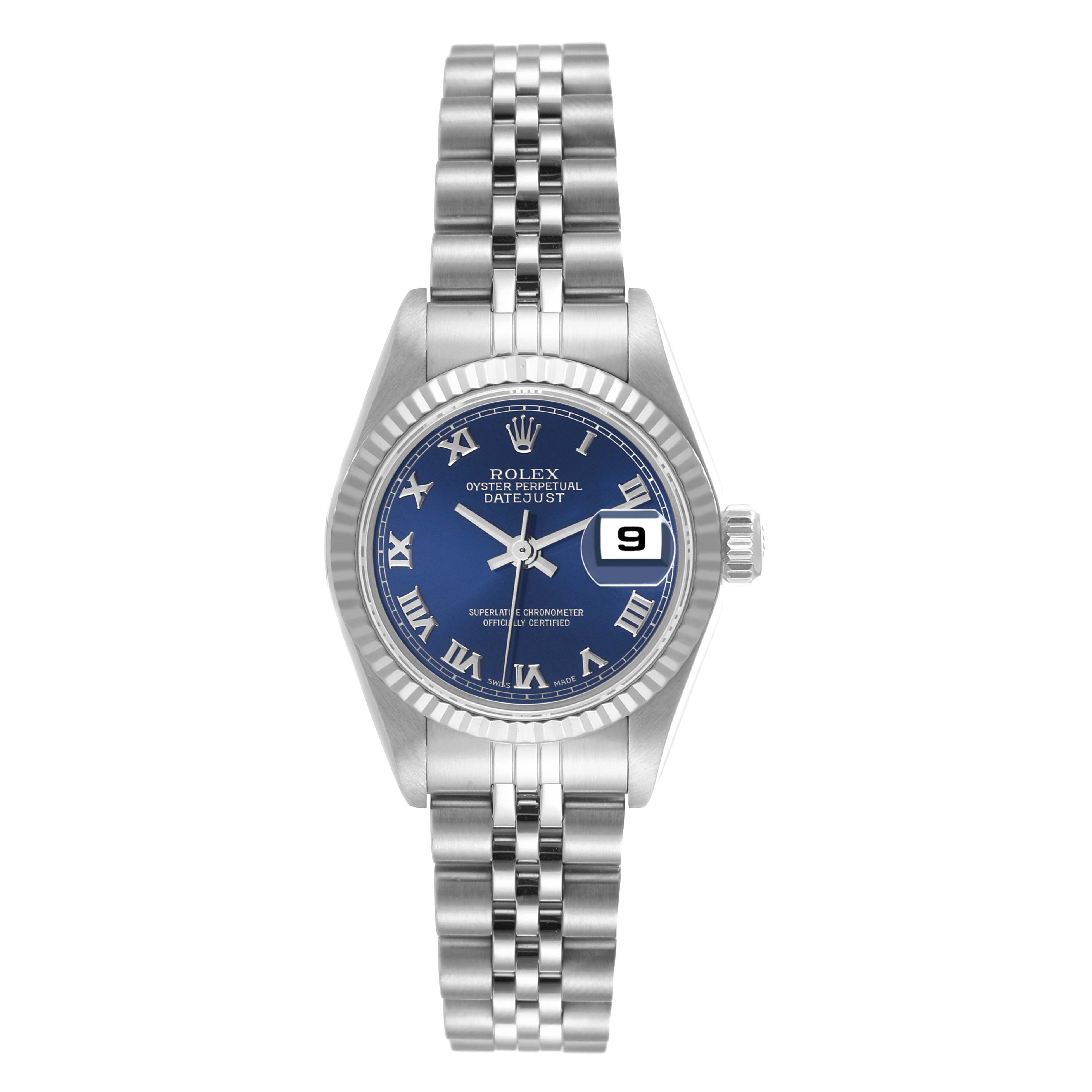 This image shows a front view of the Rolex Datejust 79174 Women's Stainless Steel Blue Dial 79174 Women's Stainless Steel Blue Dial watch, displaying the dial, bezel, and bracelet.