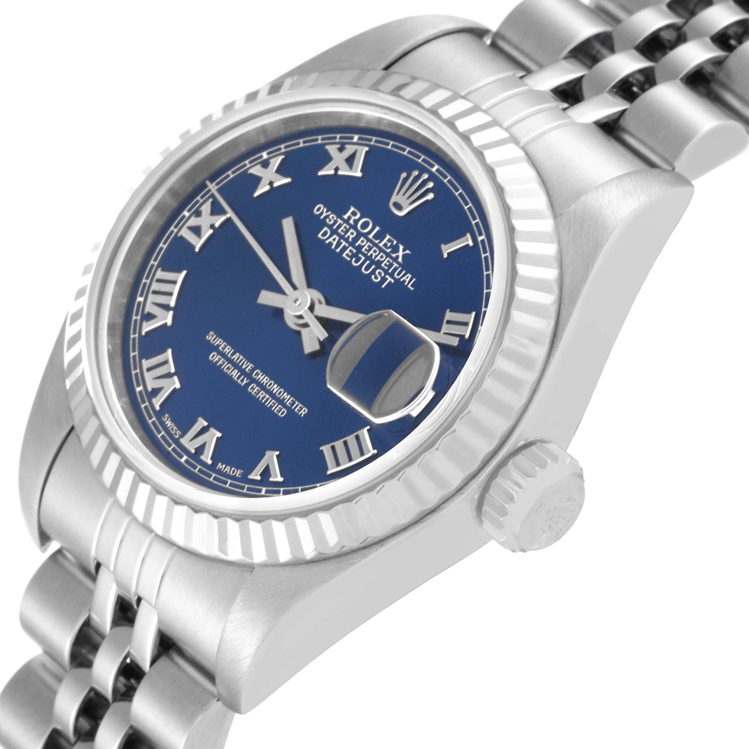 The Rolex Datejust 79174 Women's Stainless Steel Blue Dial 79174 Women's Stainless Steel Blue Dial watch is shown at a slight angle highlighting the blue dial, fluted bezel, and part of the Jubilee bracelet.