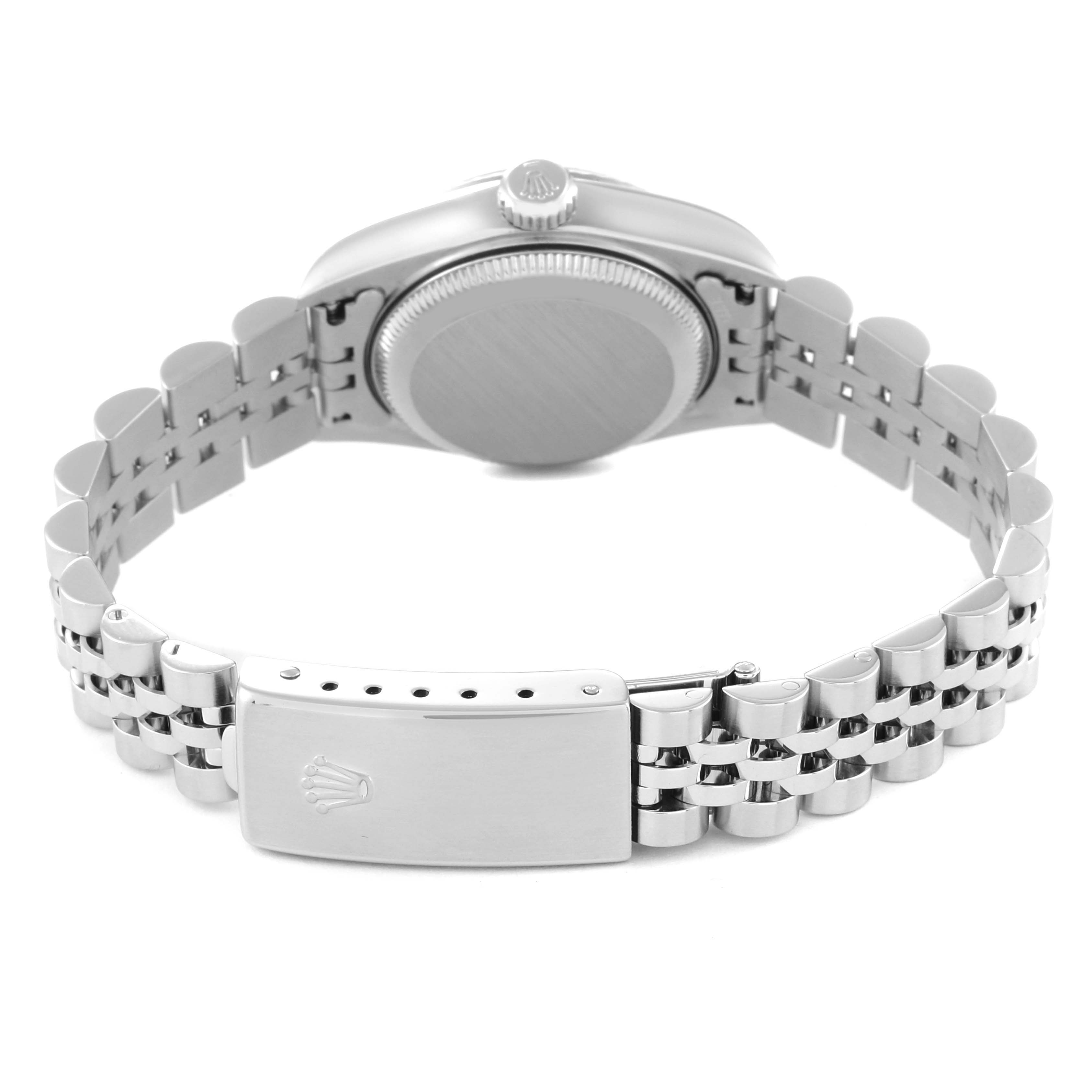 This image shows the back view of a Rolex Datejust 79174 Women's Stainless Steel Blue Dial 79174 Women's Stainless Steel Blue Dial watch, highlighting the clasp, bracelet, and case back.