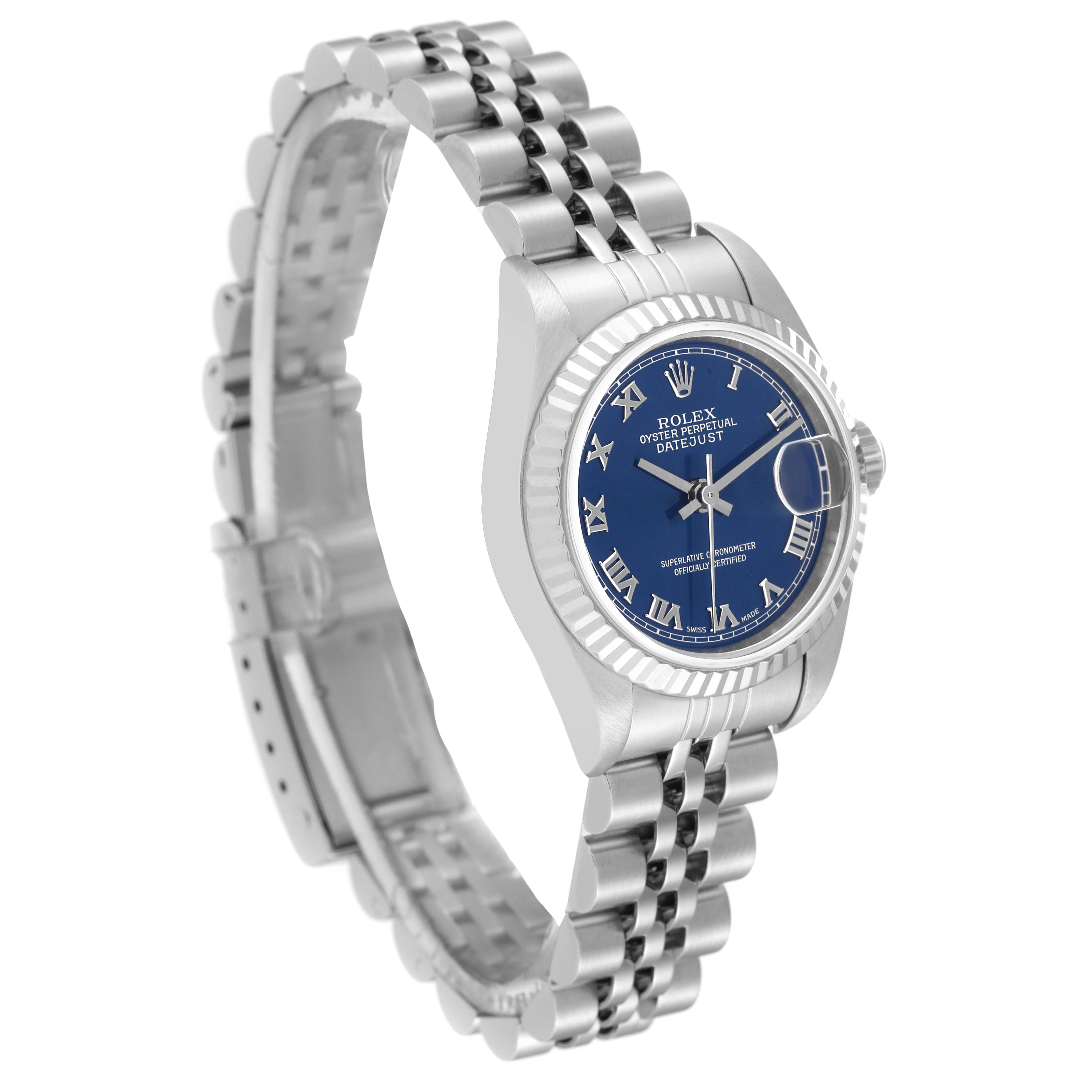 The Rolex Datejust 79174 Women's Stainless Steel Blue Dial 79174 Women's Stainless Steel Blue Dial watch is shown at an angle, featuring the blue dial, fluted bezel, and stainless steel bracelet.