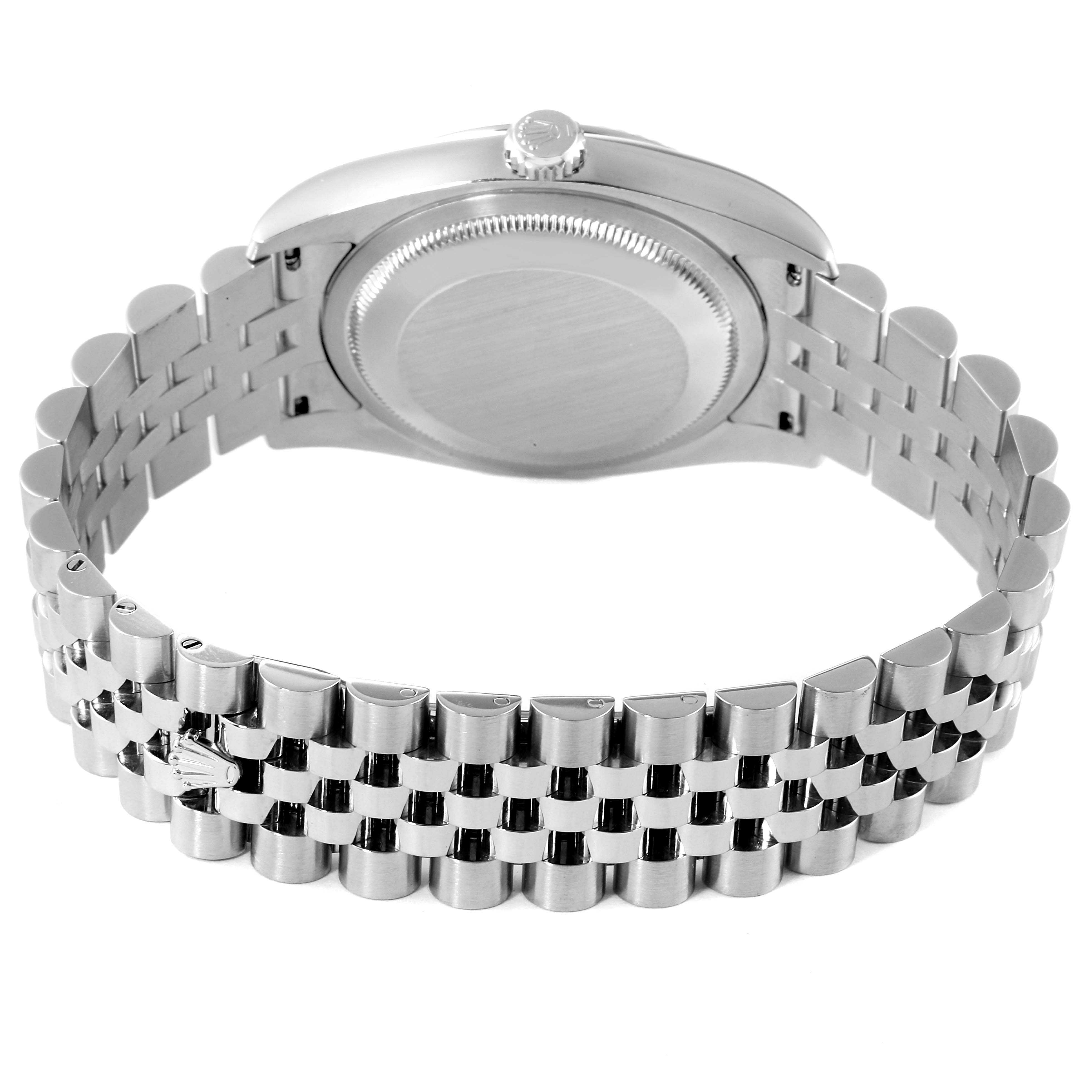 This image shows the back of the Rolex Datejust 116234 Men's Stainless Steel Silver Dial 116234 Men's Stainless Steel Silver Dial watch and its metal bracelet from a rear angle.