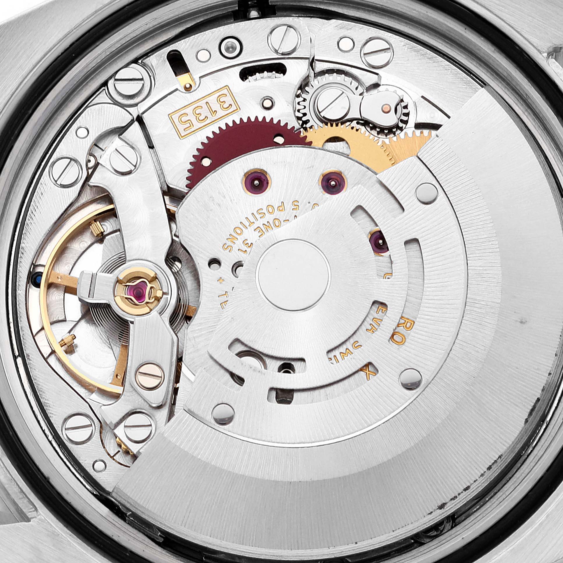 The image shows the internal movement mechanism of a Rolex Datejust 116234 Men's Stainless Steel Silver Dial 116234 Men's Stainless Steel Silver Dial watch from the rear angle.