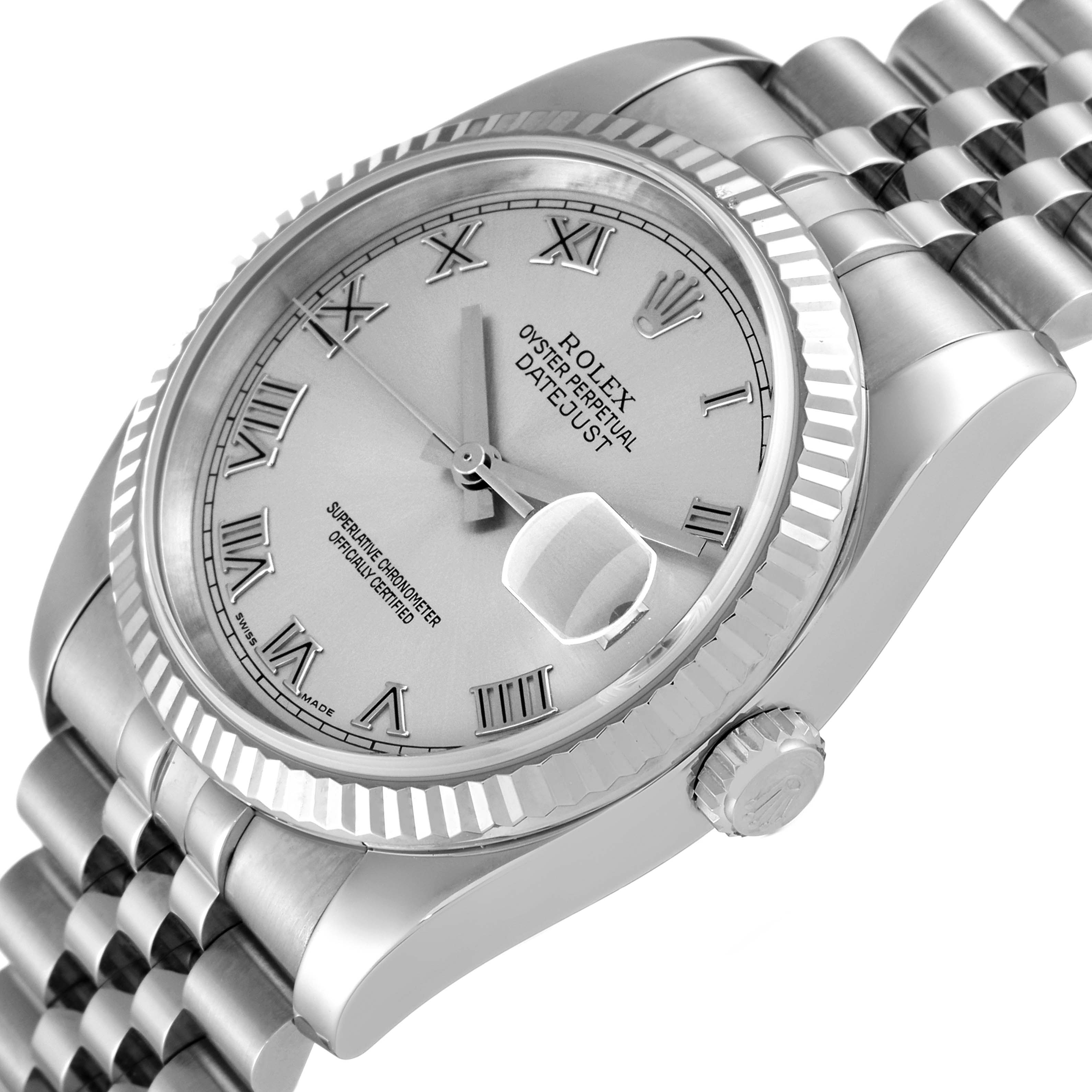 The image shows a Rolex Datejust 116234 Men's Stainless Steel Silver Dial 116234 Men's Stainless Steel Silver Dial watch at an angled close-up, highlighting the dial, bezel, crown, and part of the bracelet.