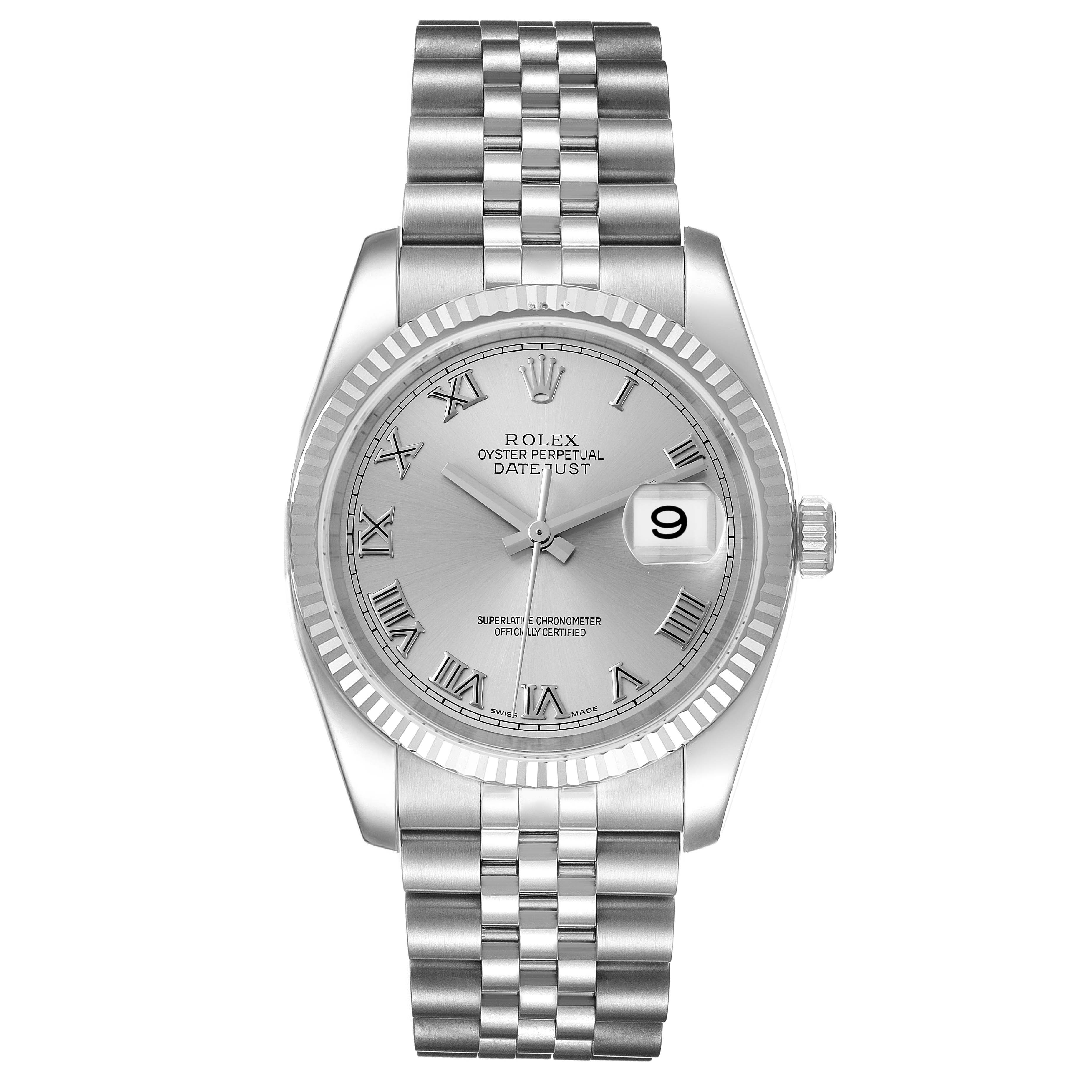 This image shows a front view of a Rolex Datejust 116234 Men's Stainless Steel Silver Dial 116234 Men's Stainless Steel Silver Dial model, featuring the dial, bracelet, and date display.