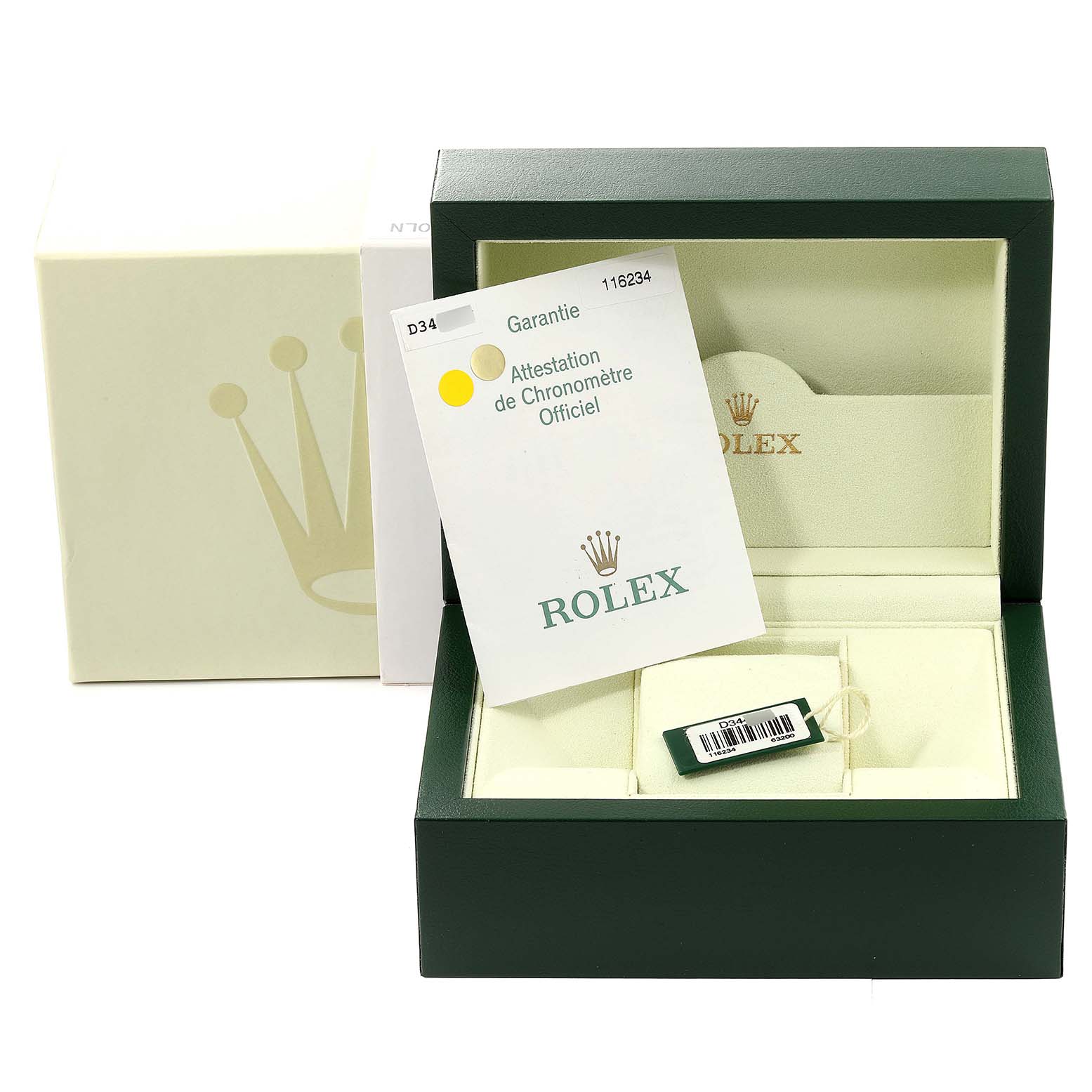 The image shows the open box, certificate, and tag of a Rolex Datejust 116234 Men's Stainless Steel Silver Dial 116234 Men's Stainless Steel Silver Dial watch from a front angle.