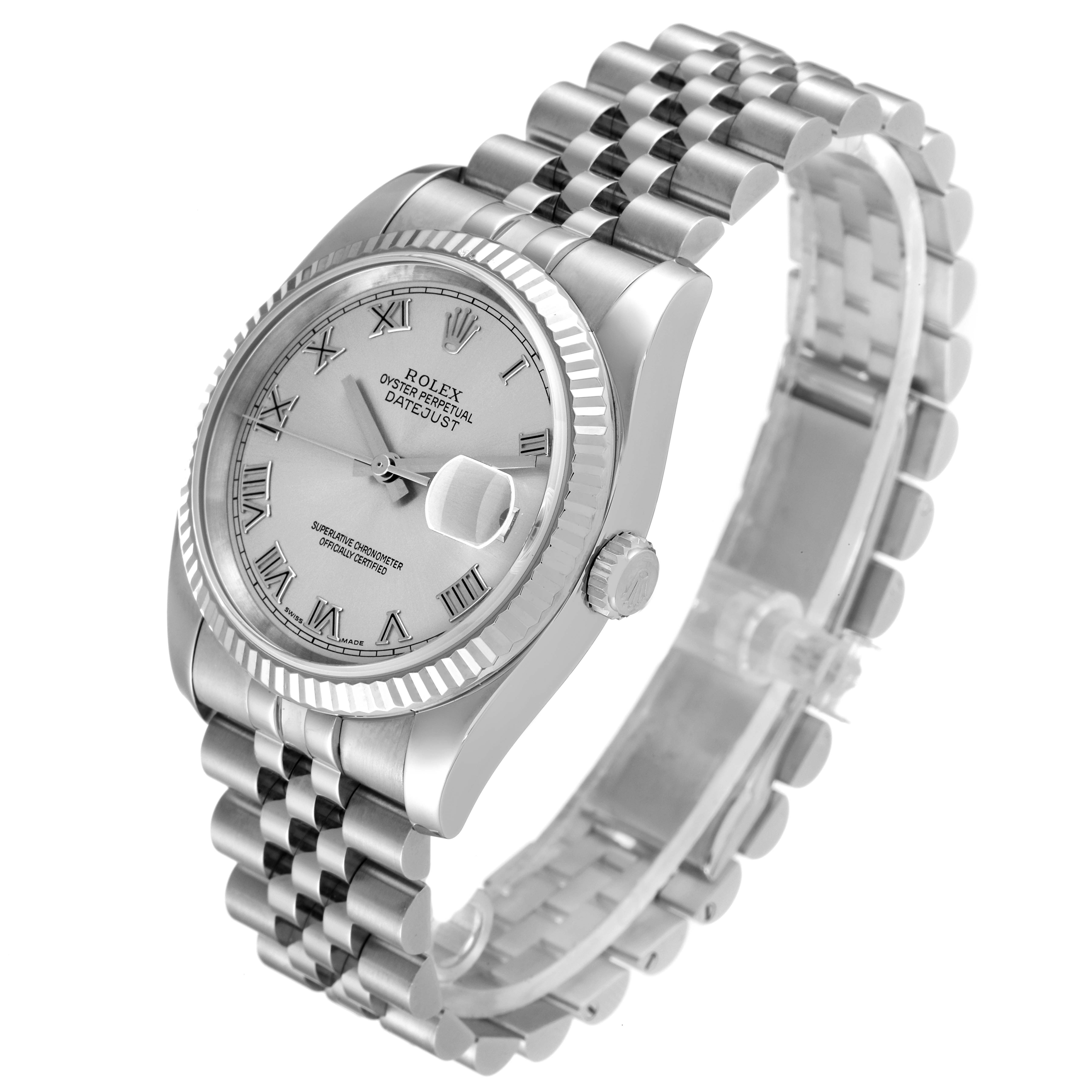 The Rolex Datejust 116234 Men's Stainless Steel Silver Dial 116234 Men's Stainless Steel Silver Dial watch is shown at a slight angle, displaying the dial, bezel, crown, case, and bracelet.