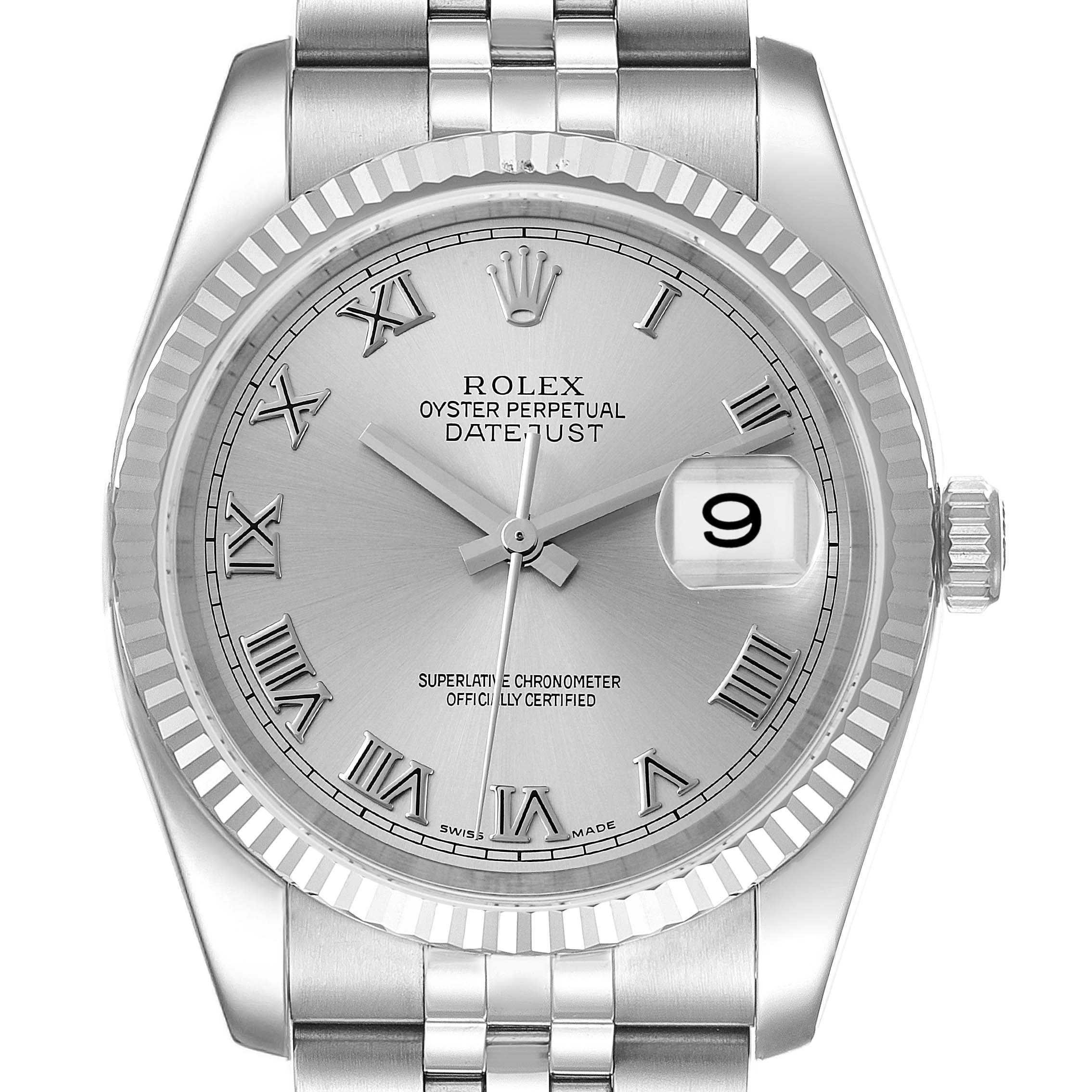 The image shows a front view of the Rolex Datejust 116234 Men's Stainless Steel Silver Dial 116234 Men's Stainless Steel Silver Dial watch, highlighting the face, bezel, crown, and part of the bracelet.