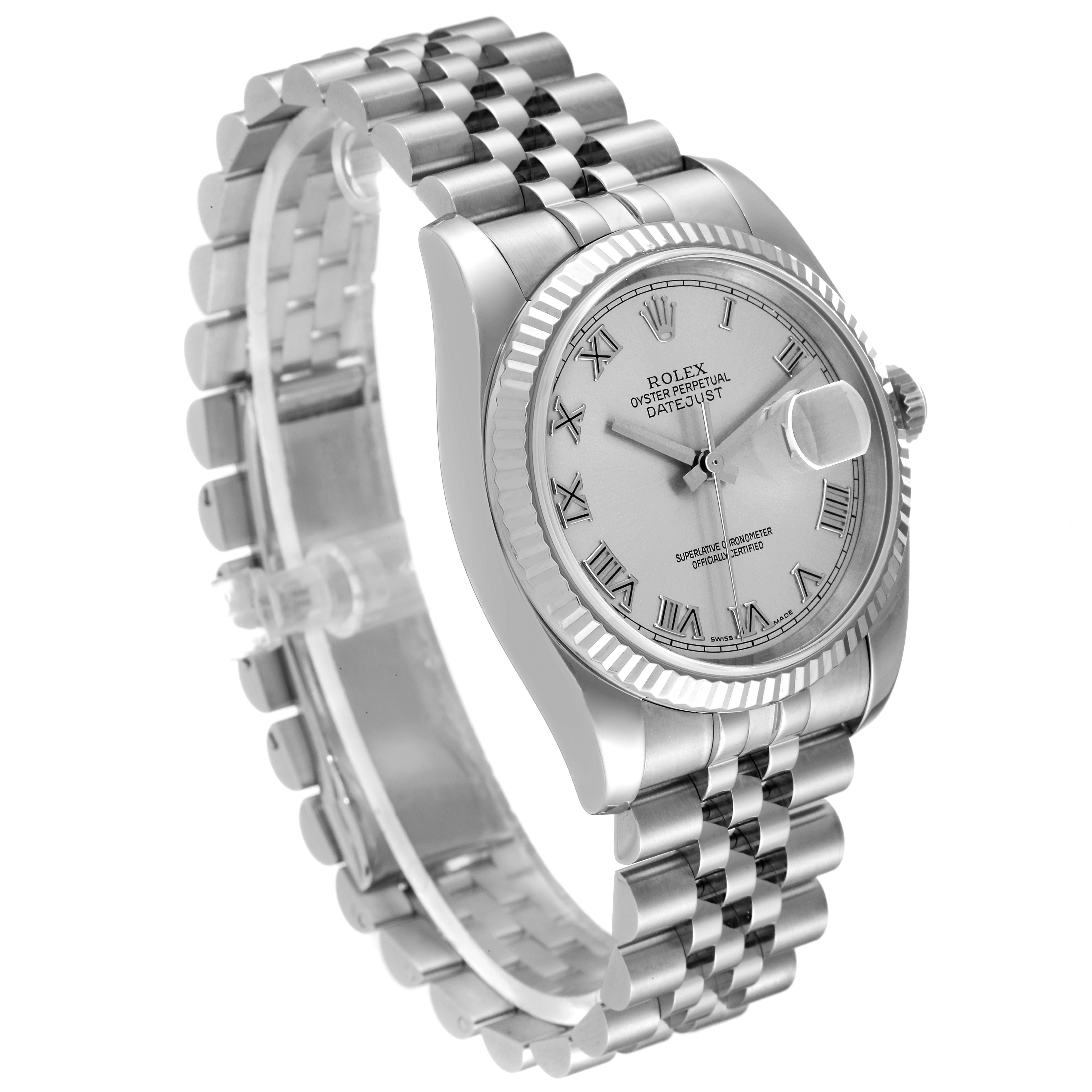 This image shows a three-quarter angle view of a Rolex Datejust 116234 Men's Stainless Steel Silver Dial 116234 Men's Stainless Steel Silver Dial watch, highlighting the dial, bezel, and bracelet.