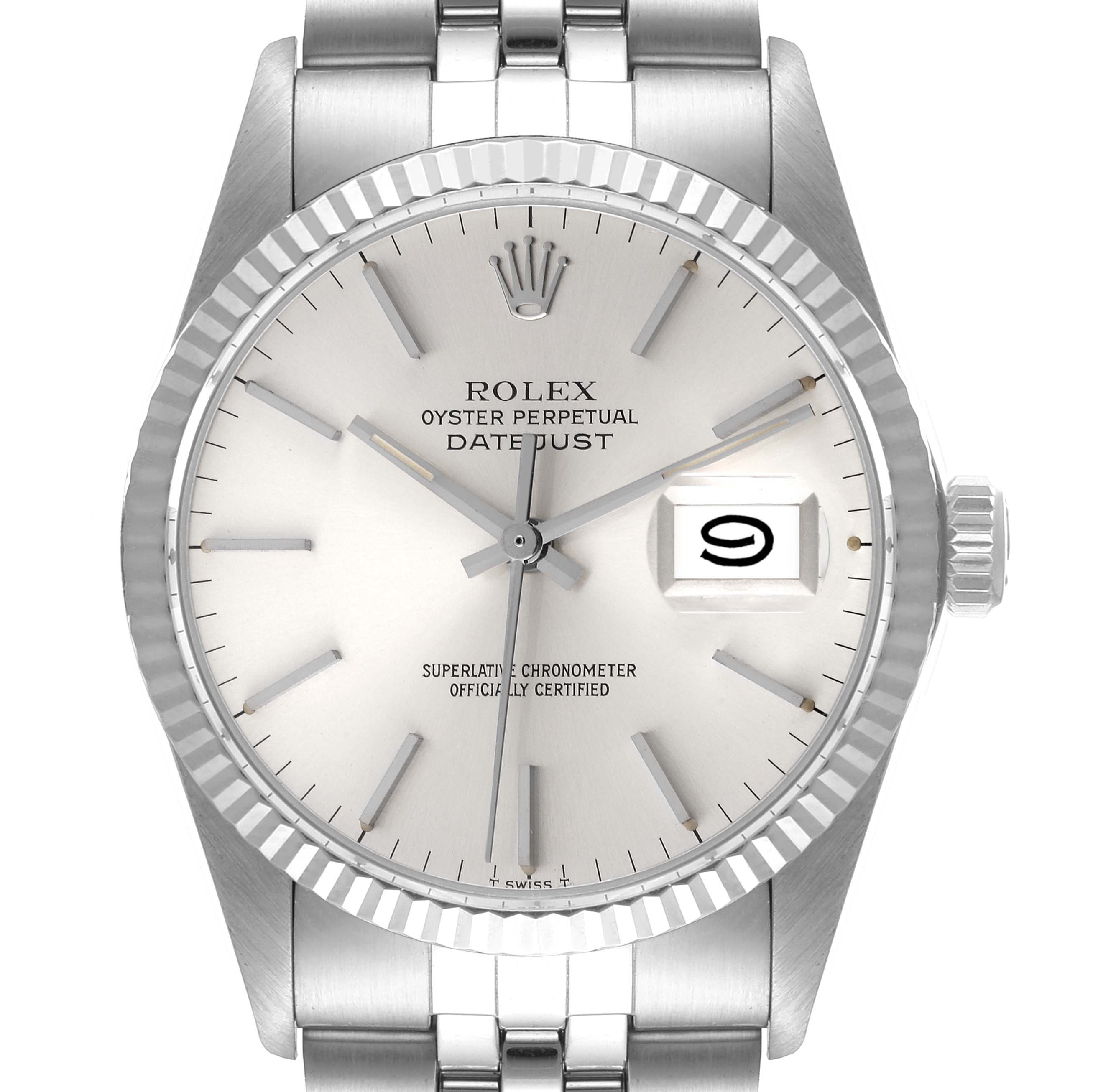 This image shows a front view of the Rolex Oyster Perpetual Datejust, Vintage Collection model, highlighting the dial, crown, and bracelet.