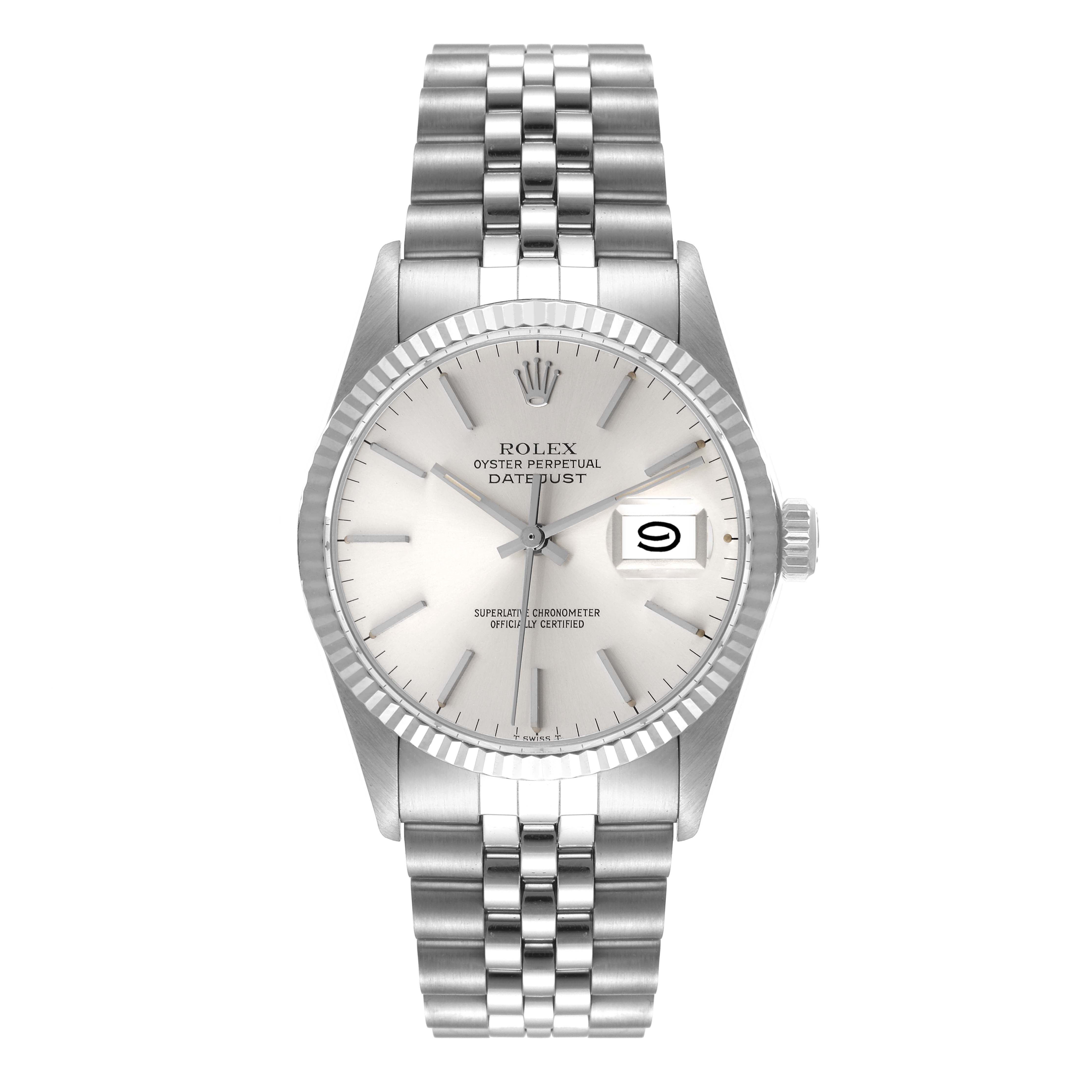 The image shows a front view of the Rolex Vintage Collection 16014 Men
s Stainless Steel Silver Dial 16014 Men
s Stainless Steel Silver Dial Datejust watch, highlighting its face and stainless steel bracelet.