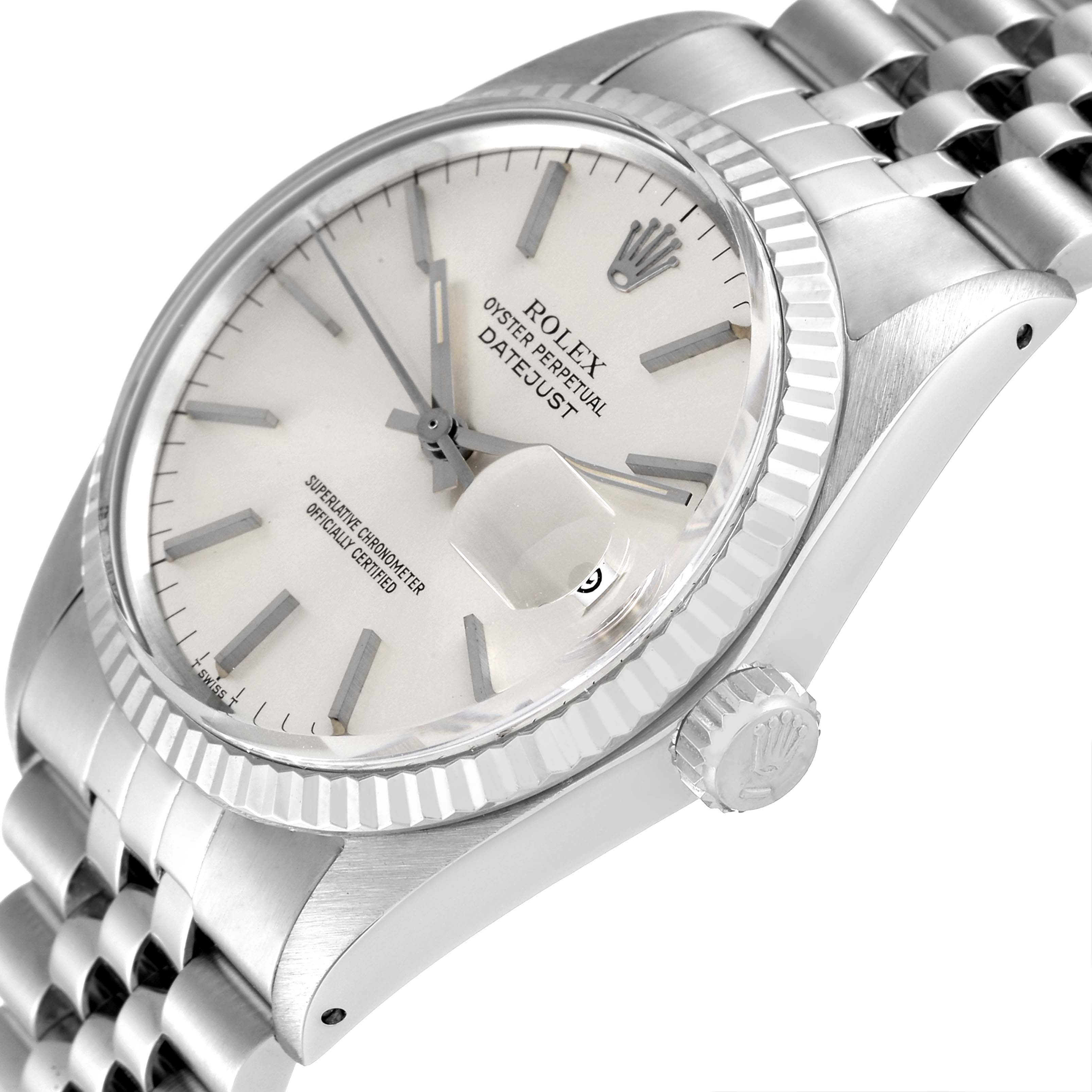 The Rolex Vintage Collection 16014 Men
s Stainless Steel Silver Dial 16014 Men
s Stainless Steel Silver Dial watch is shown at a slight angle from the top-side, displaying the face, crown, bezel, and part of the bracelet.
