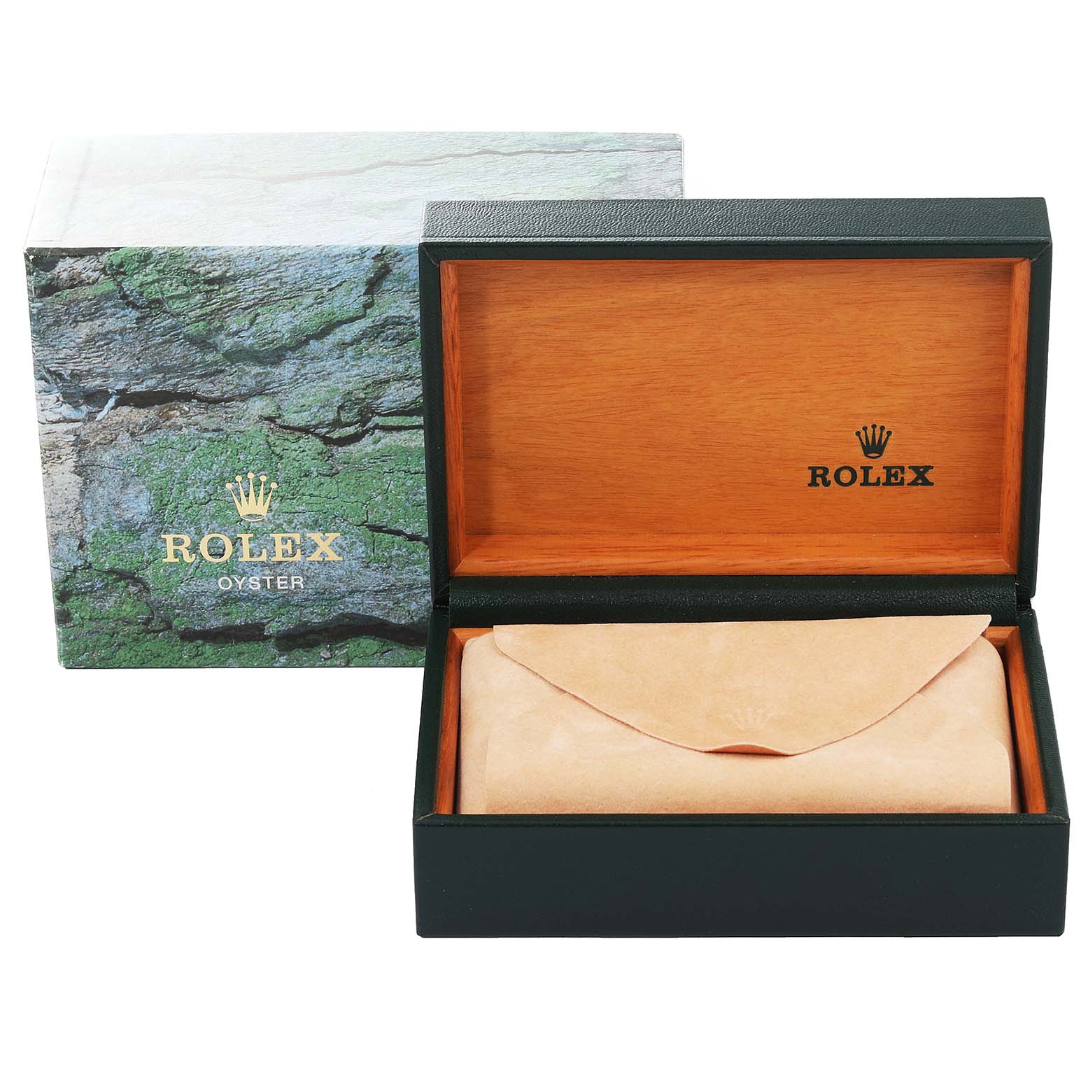 The image shows a Rolex Datejust 16233 Men's Steel and Gold (two tone) Black Dial 16233 Men's Steel and Gold (two tone) Black Dial watch box and inner case from a frontal angle.