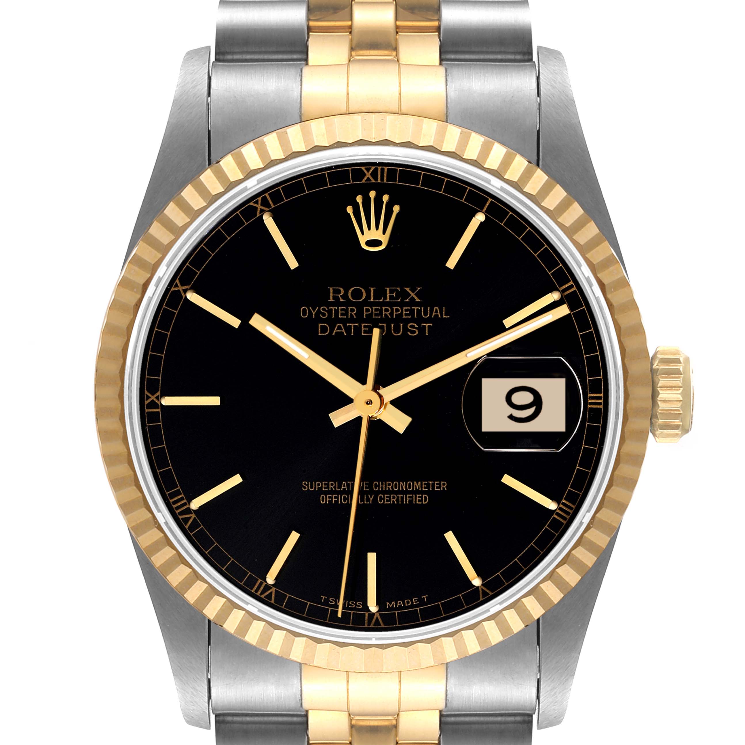 This image shows a front view of a Rolex Datejust 16233 Men's Steel and Gold (two tone) Black Dial 16233 Men's Steel and Gold (two tone) Black Dial watch, highlighting its dial, bezel, and bracelet.