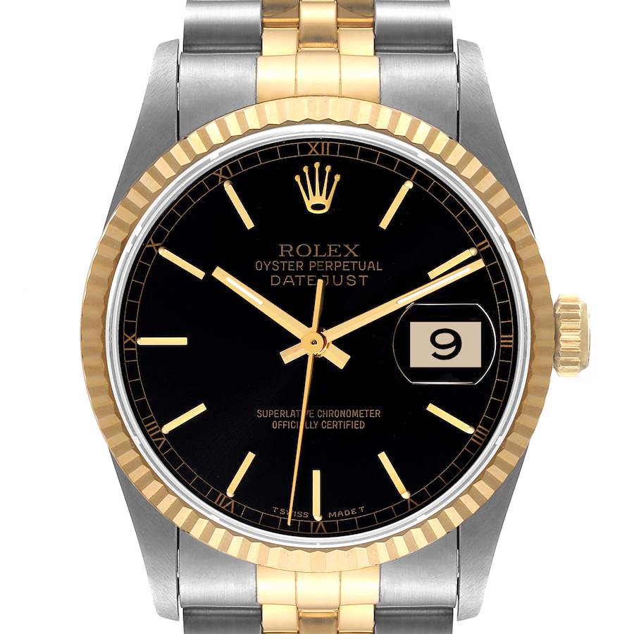 Rolex Datejust Steel Yellow Gold Black Baton Dial Mens Watch 16233 Unworn NOS SwissWatchExpo