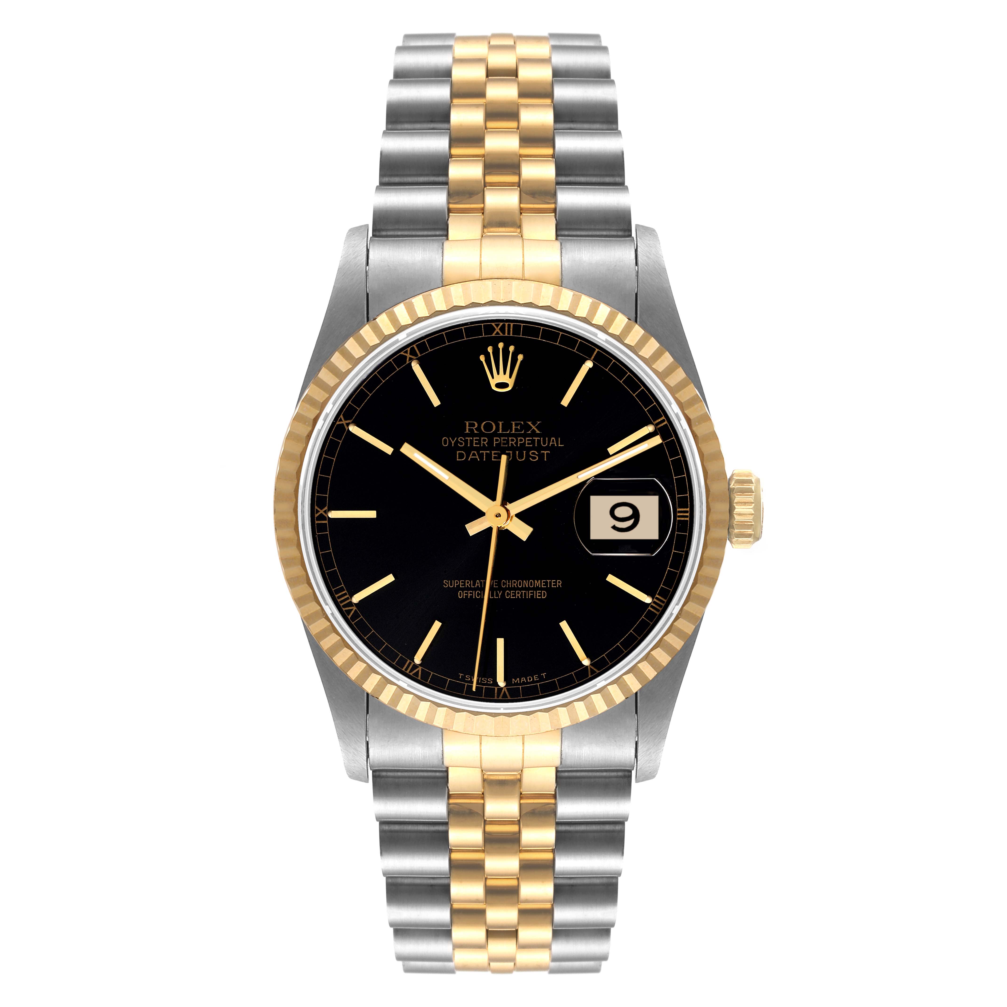 The Rolex Datejust 16233 Men's Steel and Gold (two tone) Black Dial 16233 Men's Steel and Gold (two tone) Black Dial watch is shown from a top view, displaying the dial, bezel, and bracelet.