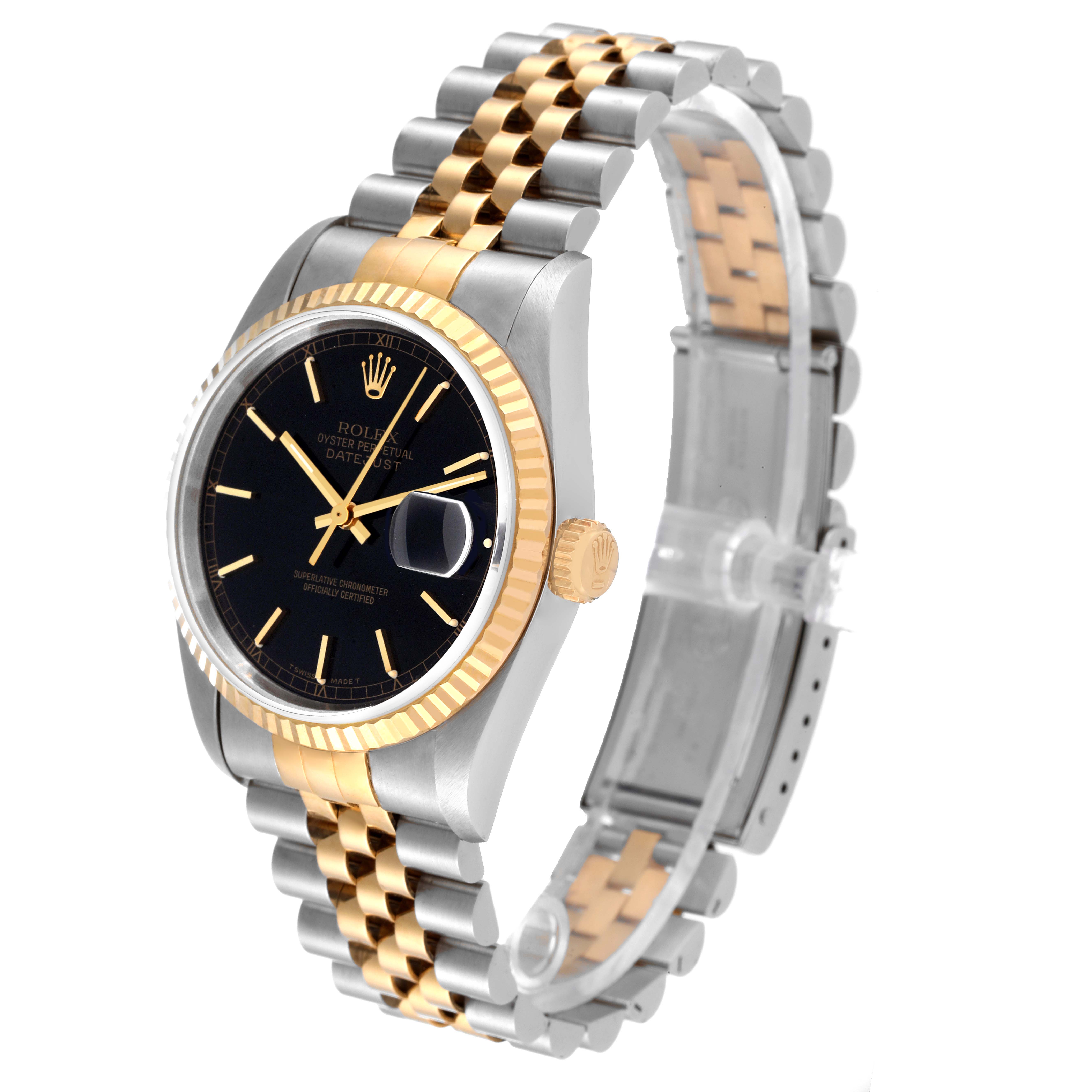 This image shows a side angle of the Rolex Datejust 16233 Men's Steel and Gold (two tone) Black Dial 16233 Men's Steel and Gold (two tone) Black Dial watch, highlighting its bracelet, bezel, crown, and dial.