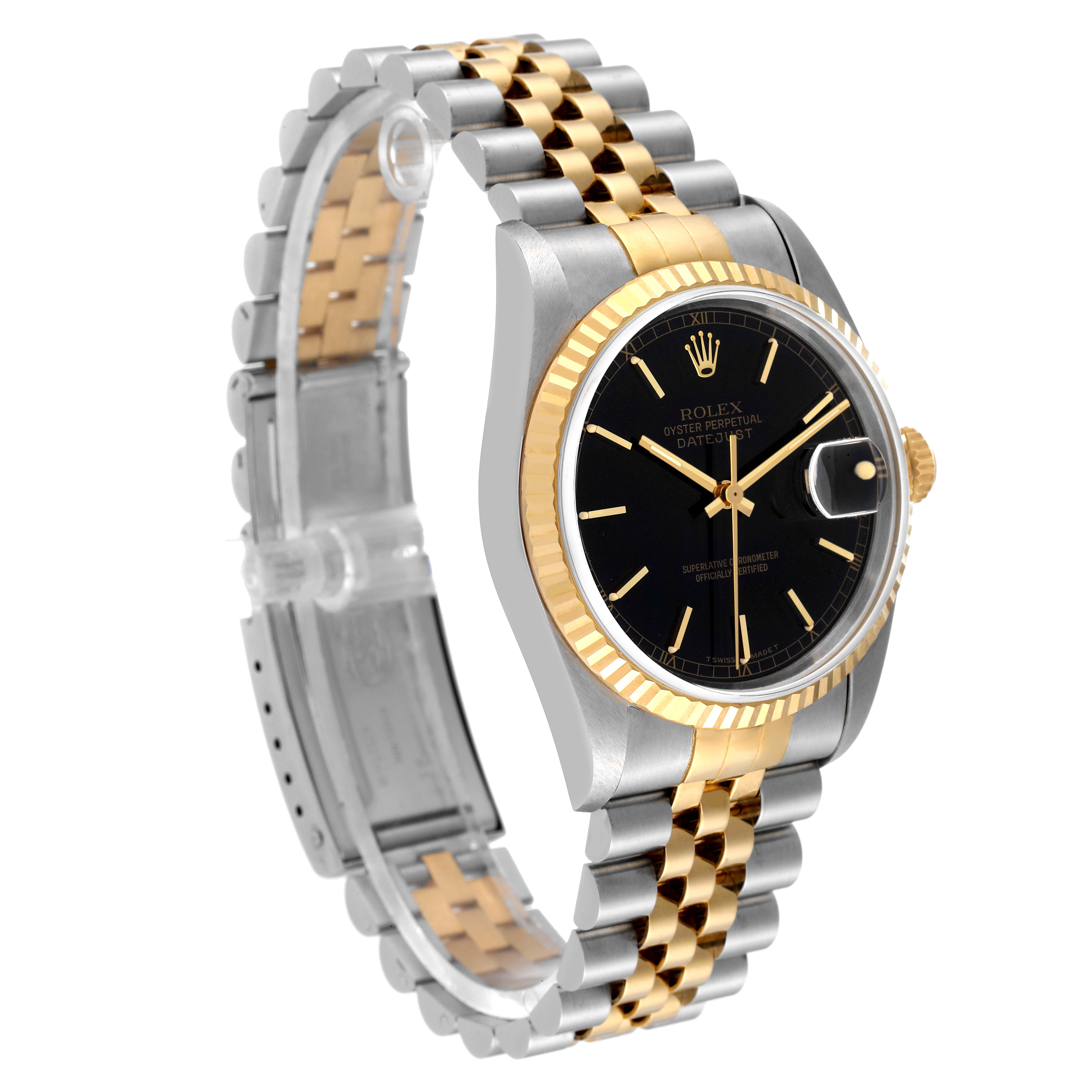 The Rolex Datejust 16233 Men's Steel and Gold (two tone) Black Dial 16233 Men's Steel and Gold (two tone) Black Dial watch is shown at a three-quarter angle, displaying the face, bezel, and two-tone bracelet.
