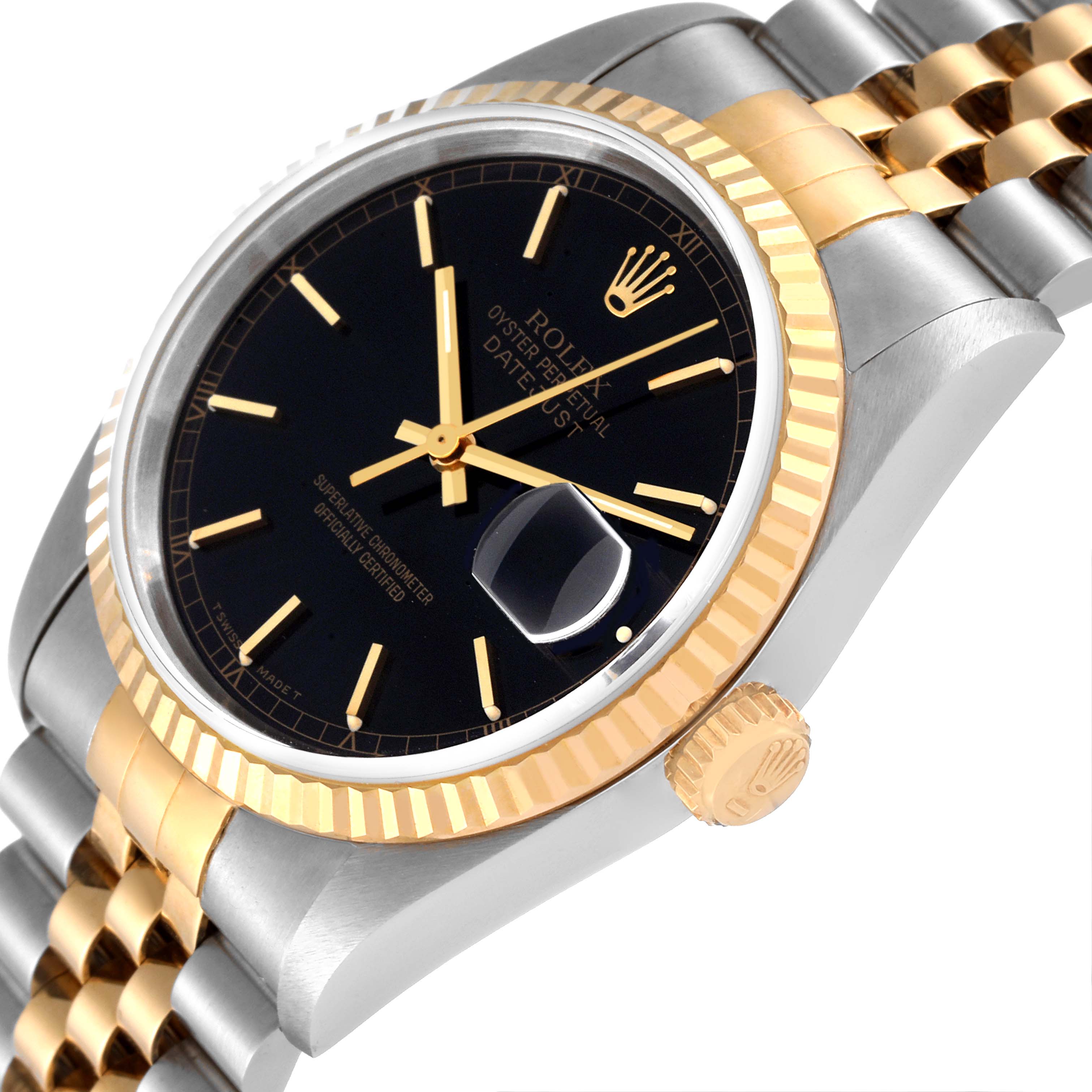 The image shows a close-up, angled view of the Rolex Datejust 16233 Men's Steel and Gold (two tone) Black Dial 16233 Men's Steel and Gold (two tone) Black Dial, highlighting the black dial, gold fluted bezel, and two-tone jubilee bracelet.
