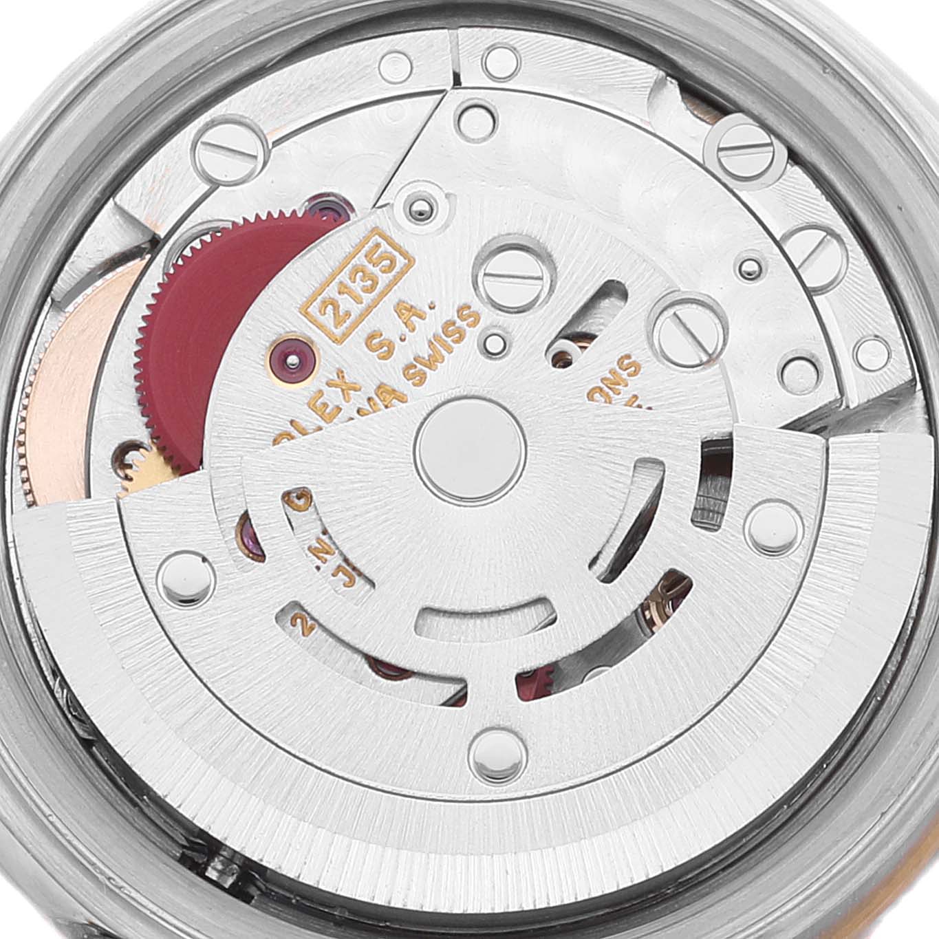 The image shows the internal mechanism of a Rolex Datejust 69173 Women
s Steel and Gold (two tone) Blue Dial 69173 Women
s Steel and Gold (two tone) Blue Dial watch, highlighting its movement parts.