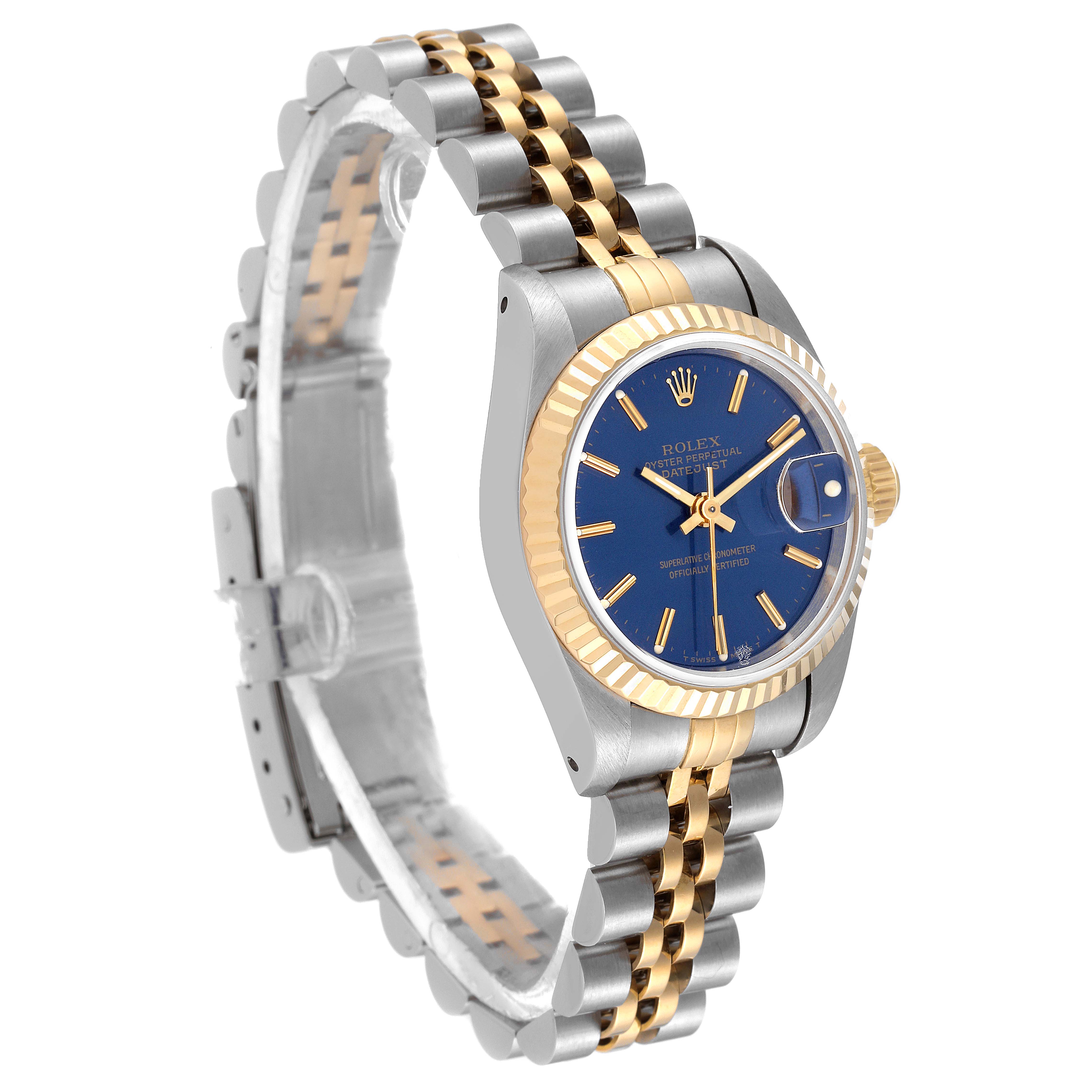 The image shows a Rolex Datejust 69173 Women
s Steel and Gold (two tone) Blue Dial 69173 Women
s Steel and Gold (two tone) Blue Dial watch at an angled front view, highlighting its blue dial, fluted bezel, and two-tone bracelet.