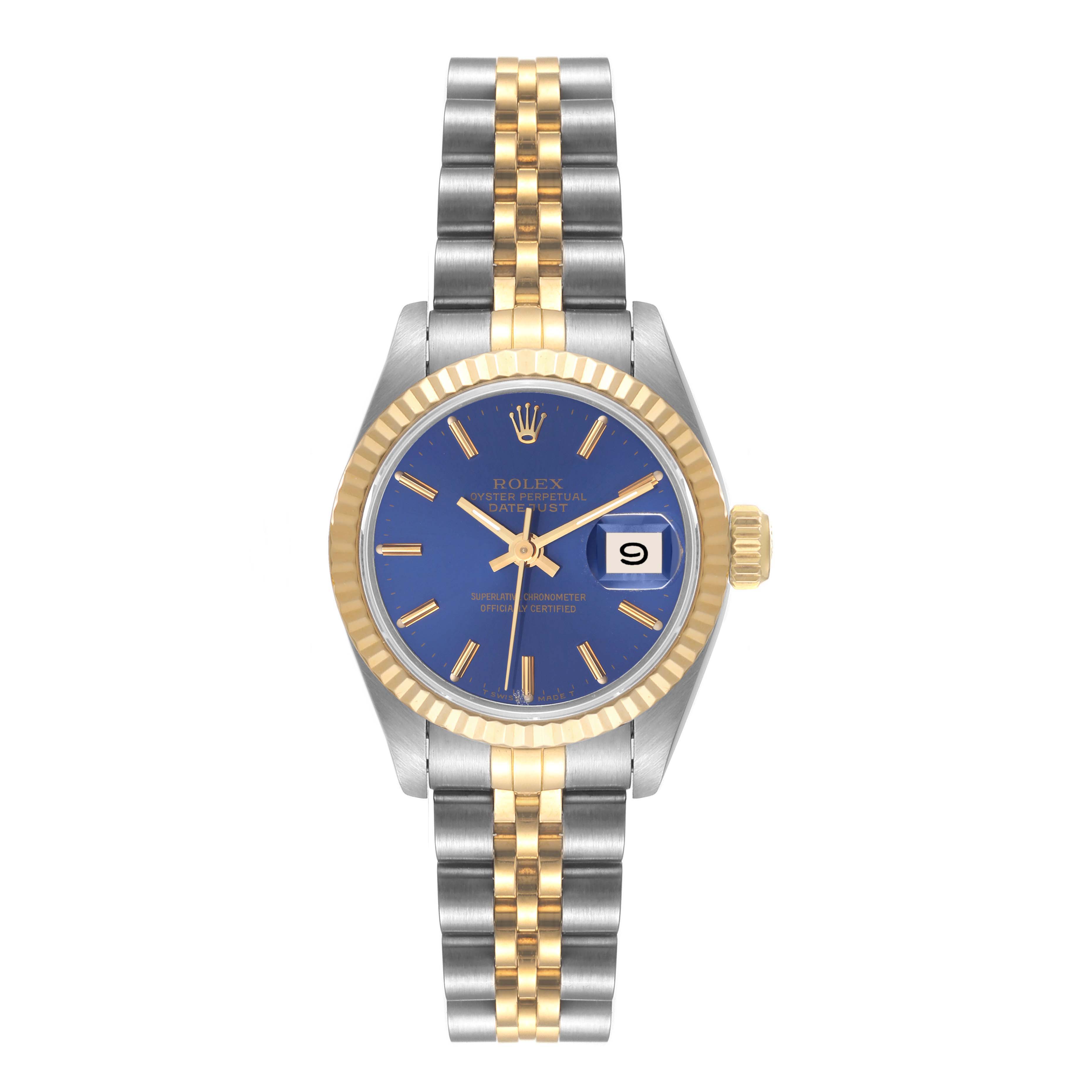 This image shows a full front view of a Rolex Datejust 69173 Women
s Steel and Gold (two tone) Blue Dial 69173 Women
s Steel and Gold (two tone) Blue Dial watch, featuring a blue dial, gold fluted bezel, and two-tone bracelet.