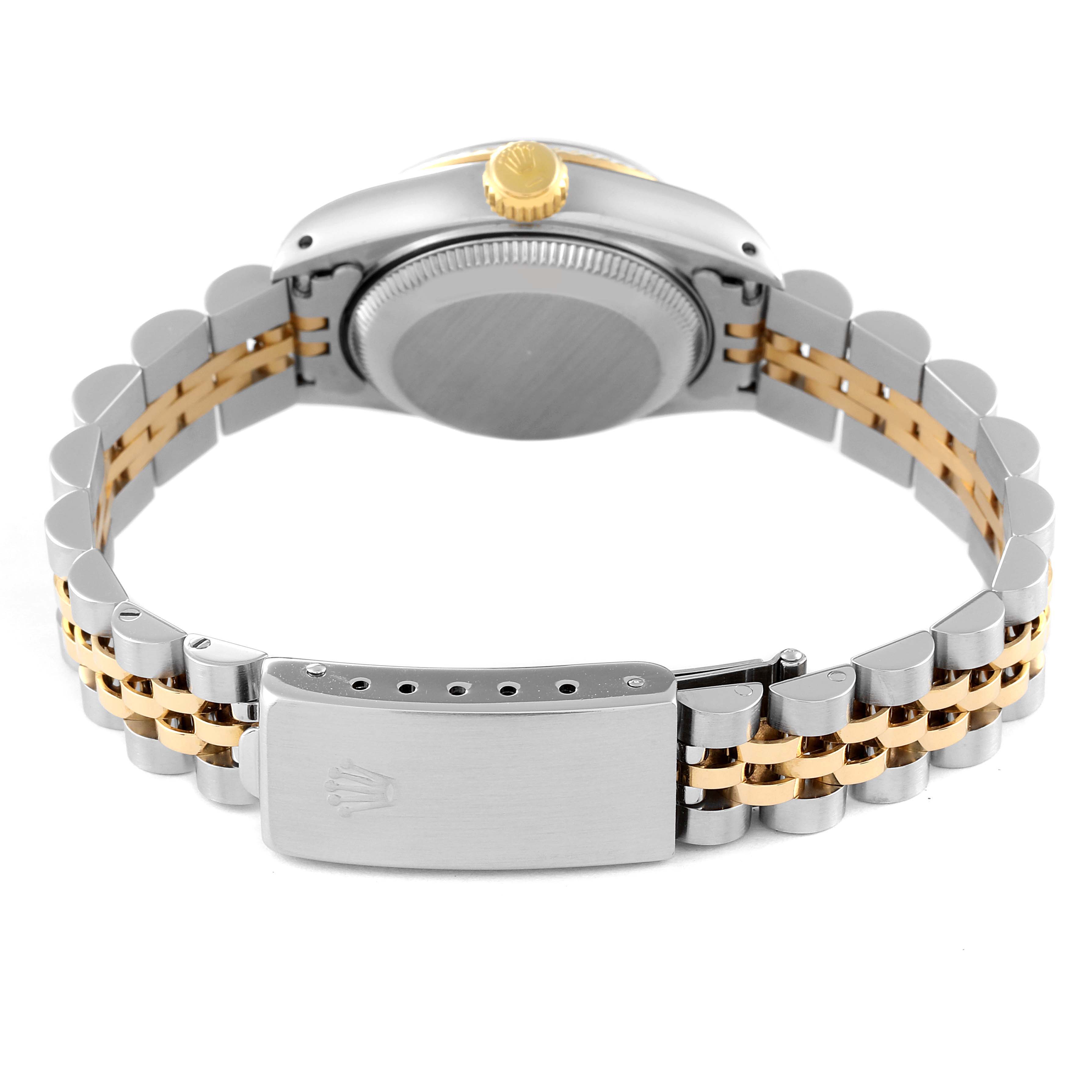 This image shows the back of the Rolex Datejust 69173 Women
s Steel and Gold (two tone) Blue Dial 69173 Women
s Steel and Gold (two tone) Blue Dial watch, focusing on the case back, crown, and Jubilee bracelet clasp.