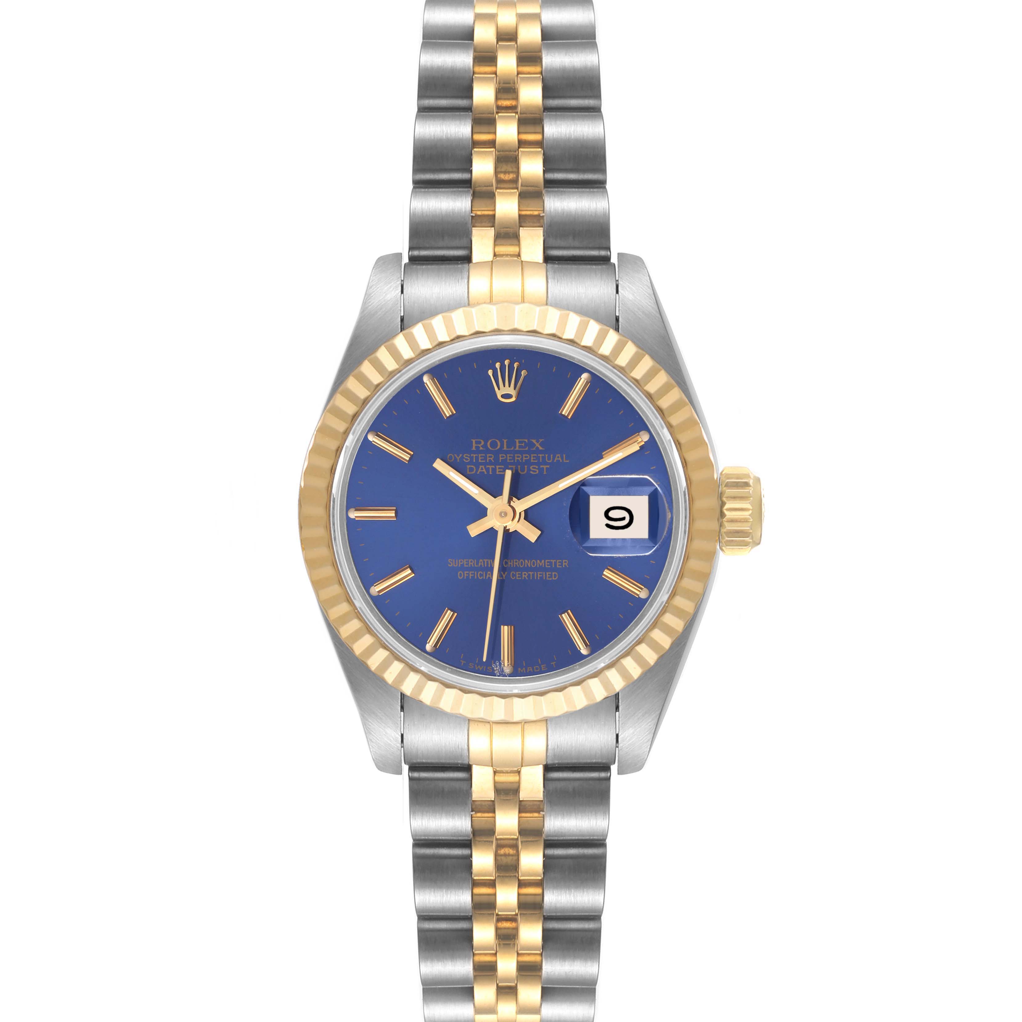 The Rolex Datejust 69173 Women
s Steel and Gold (two tone) Blue Dial 69173 Women
s Steel and Gold (two tone) Blue Dial watch is shown from the front, displaying its blue dial, gold fluted bezel, and two-tone Jubilee bracelet.