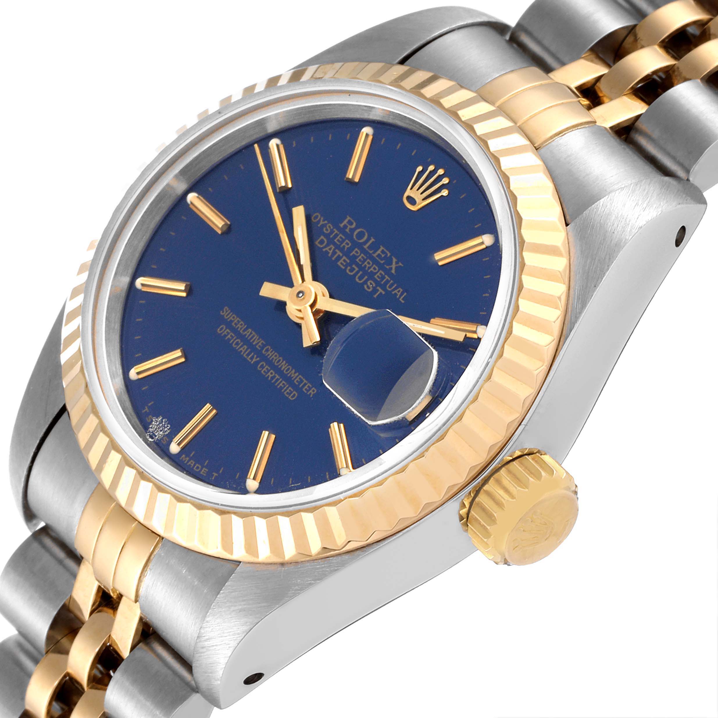 The image shows a close-up angle of the Rolex Datejust 69173 Women
s Steel and Gold (two tone) Blue Dial 69173 Women
s Steel and Gold (two tone) Blue Dial watch displaying its face, bezel, crown, and part of the bracelet.