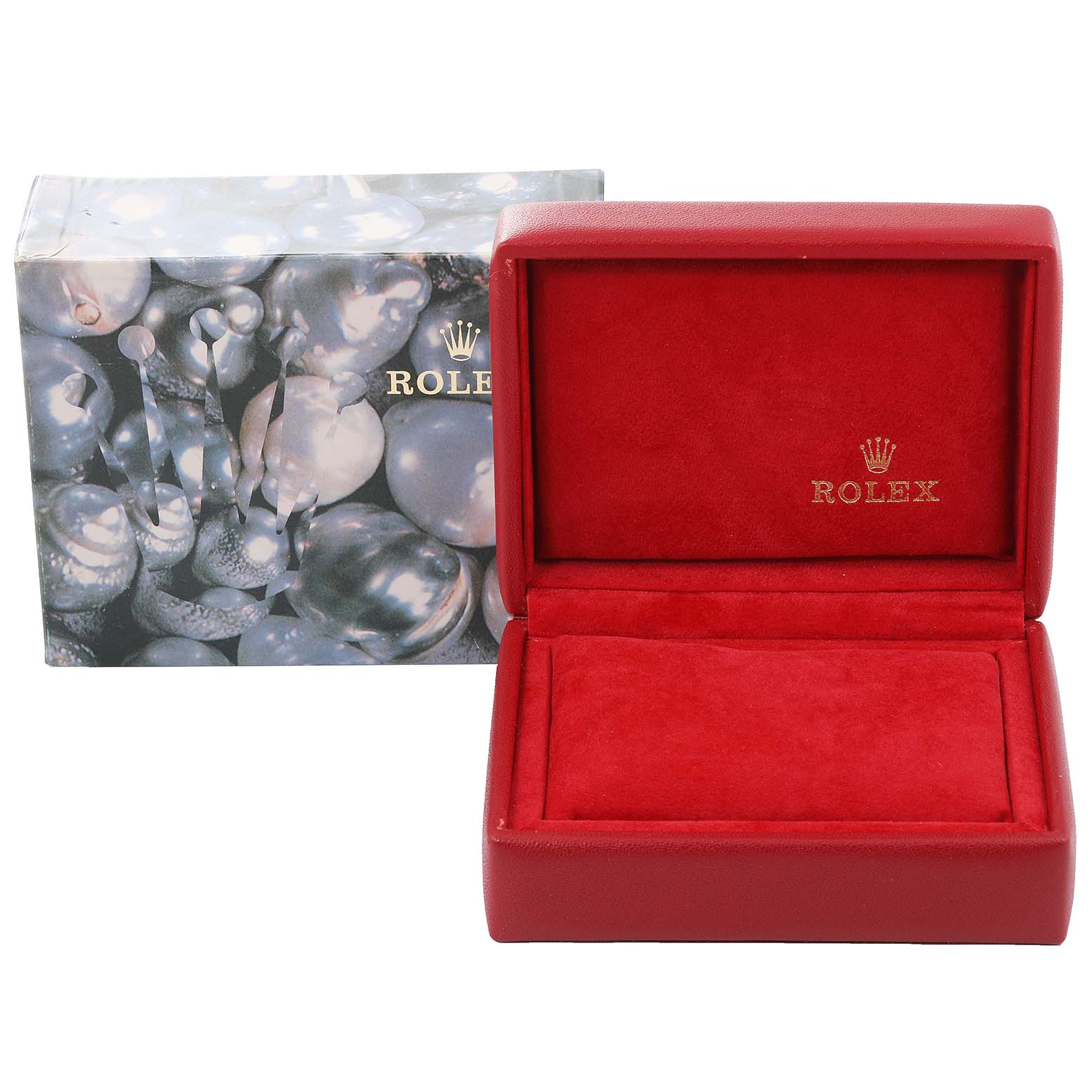 The image shows a red Rolex Datejust 69173 Women
s Steel and Gold (two tone) Blue Dial 69173 Women
s Steel and Gold (two tone) Blue Dial watch box with the lid open, alongside its outer packaging.
