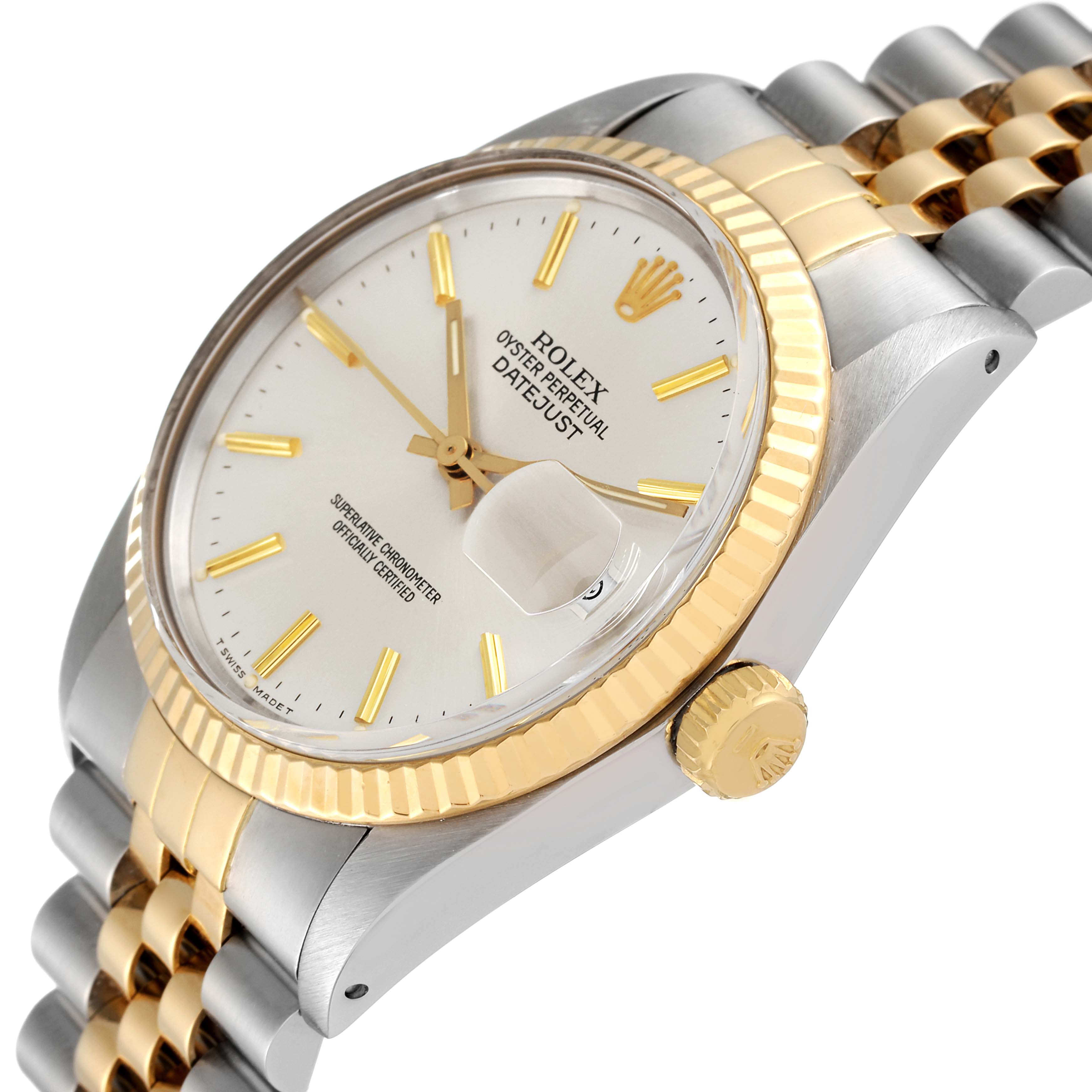 The image shows a Rolex Datejust 16013 Men
s Steel and Gold (two tone) Silver Dial 16013 Men
s Steel and Gold (two tone) Silver Dial watch at an angle, highlighting the white dial, gold and steel band, fluted bezel, and date window.
