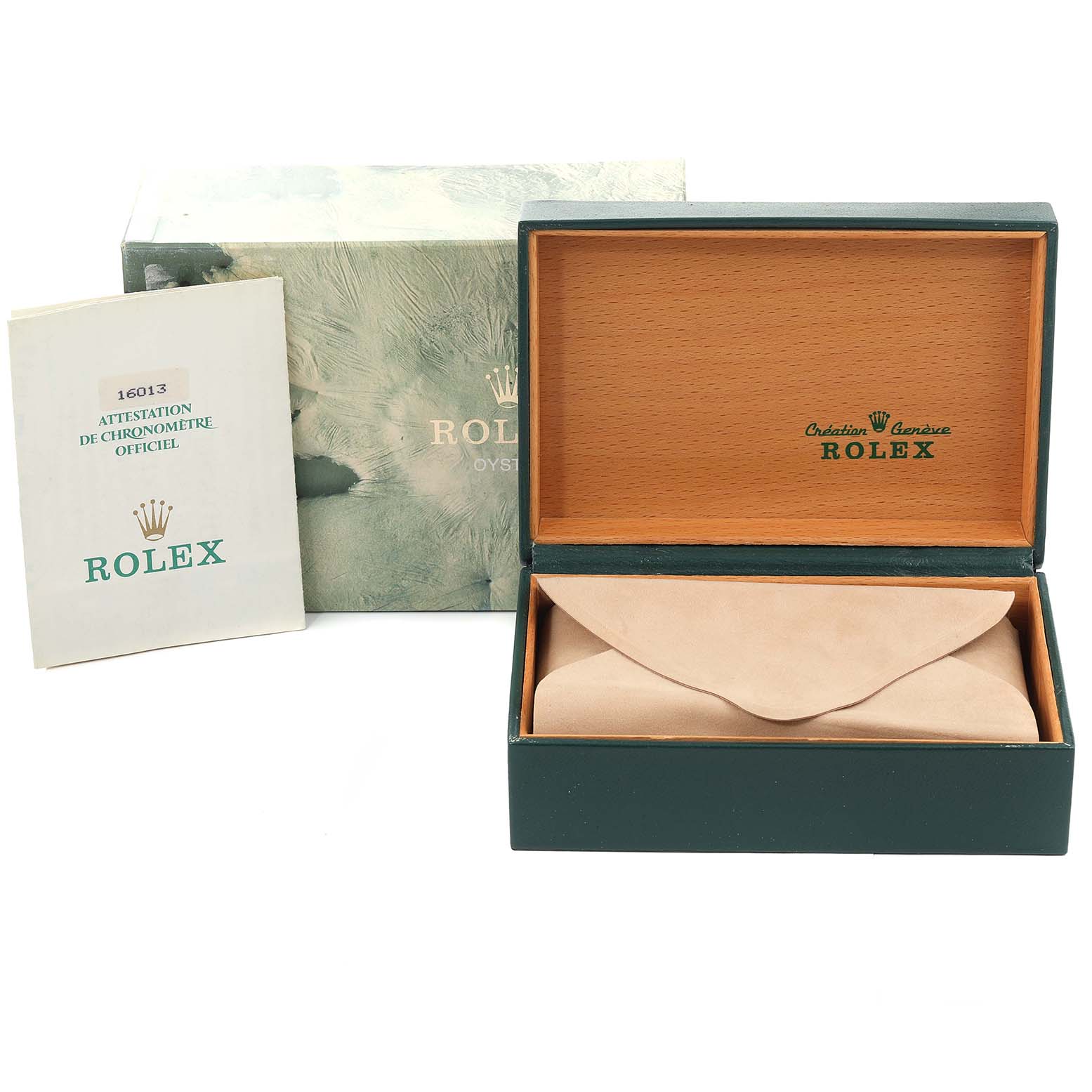 The image shows the packaging and accessories of a Rolex Datejust 16013 Men
s Steel and Gold (two tone) Silver Dial 16013 Men
s Steel and Gold (two tone) Silver Dial, featuring an open box and user manual.