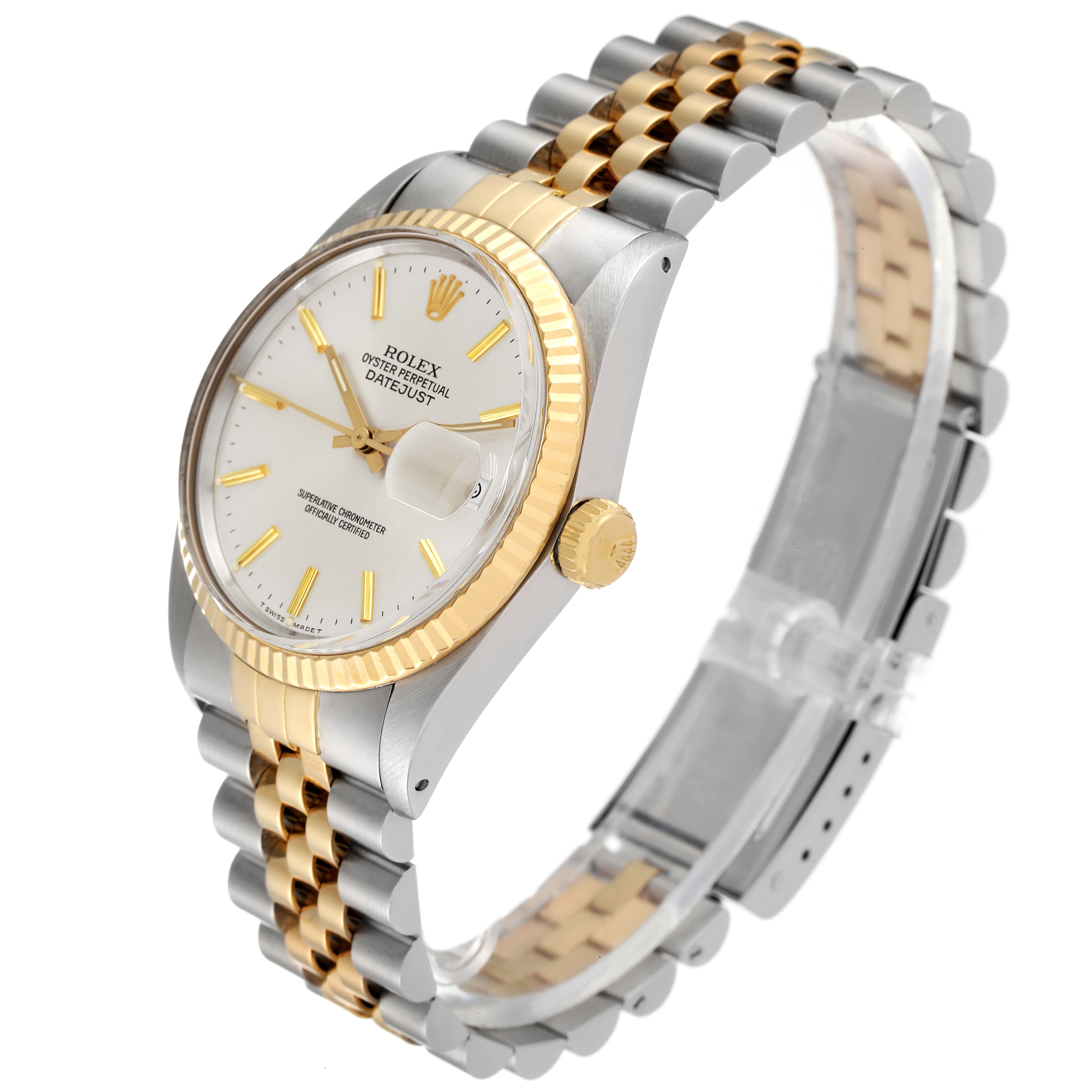 The image shows the Rolex Datejust 16013 Men
s Steel and Gold (two tone) Silver Dial 16013 Men
s Steel and Gold (two tone) Silver Dial watch at an angled view, highlighting the dial, fluted bezel, and jubilee bracelet.