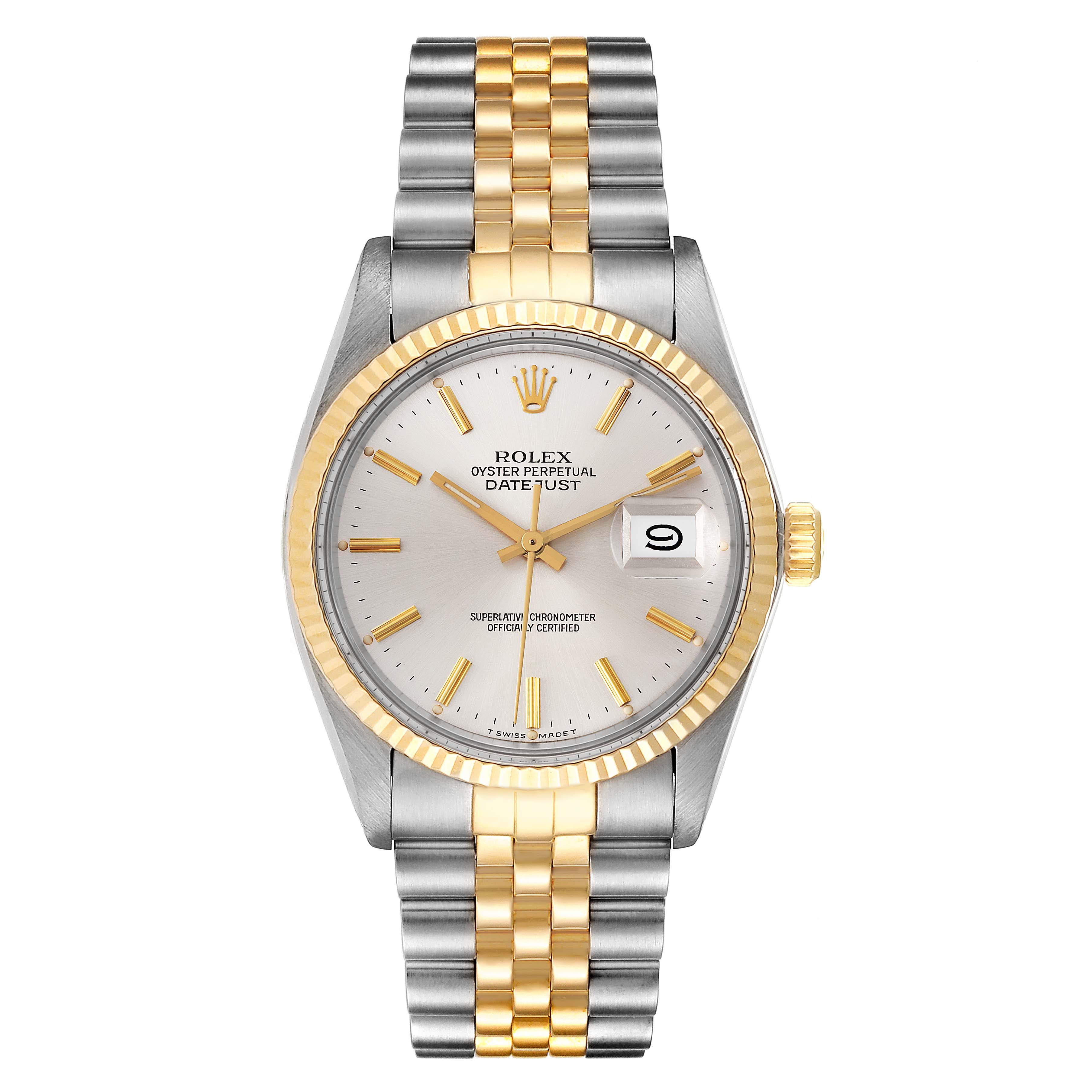 The image shows a front view of a Rolex Datejust 16013 Men
s Steel and Gold (two tone) Silver Dial 16013 Men
s Steel and Gold (two tone) Silver Dial watch, highlighting its dial, bezel, and two-tone bracelet.