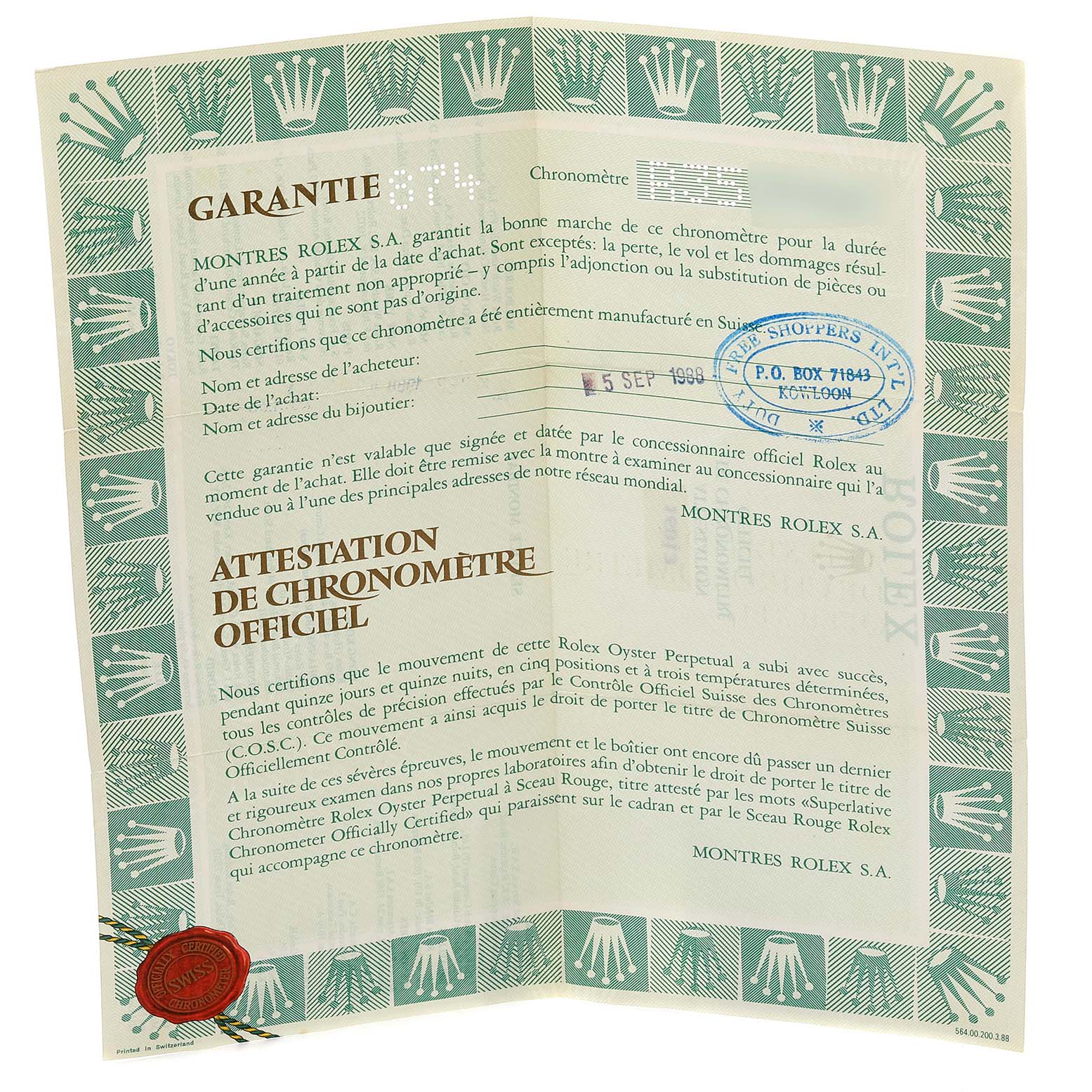 This image shows the warranty and official chronometer certification document for a Rolex Datejust 16013 Men
s Steel and Gold (two tone) Silver Dial 16013 Men
s Steel and Gold (two tone) Silver Dial watch.